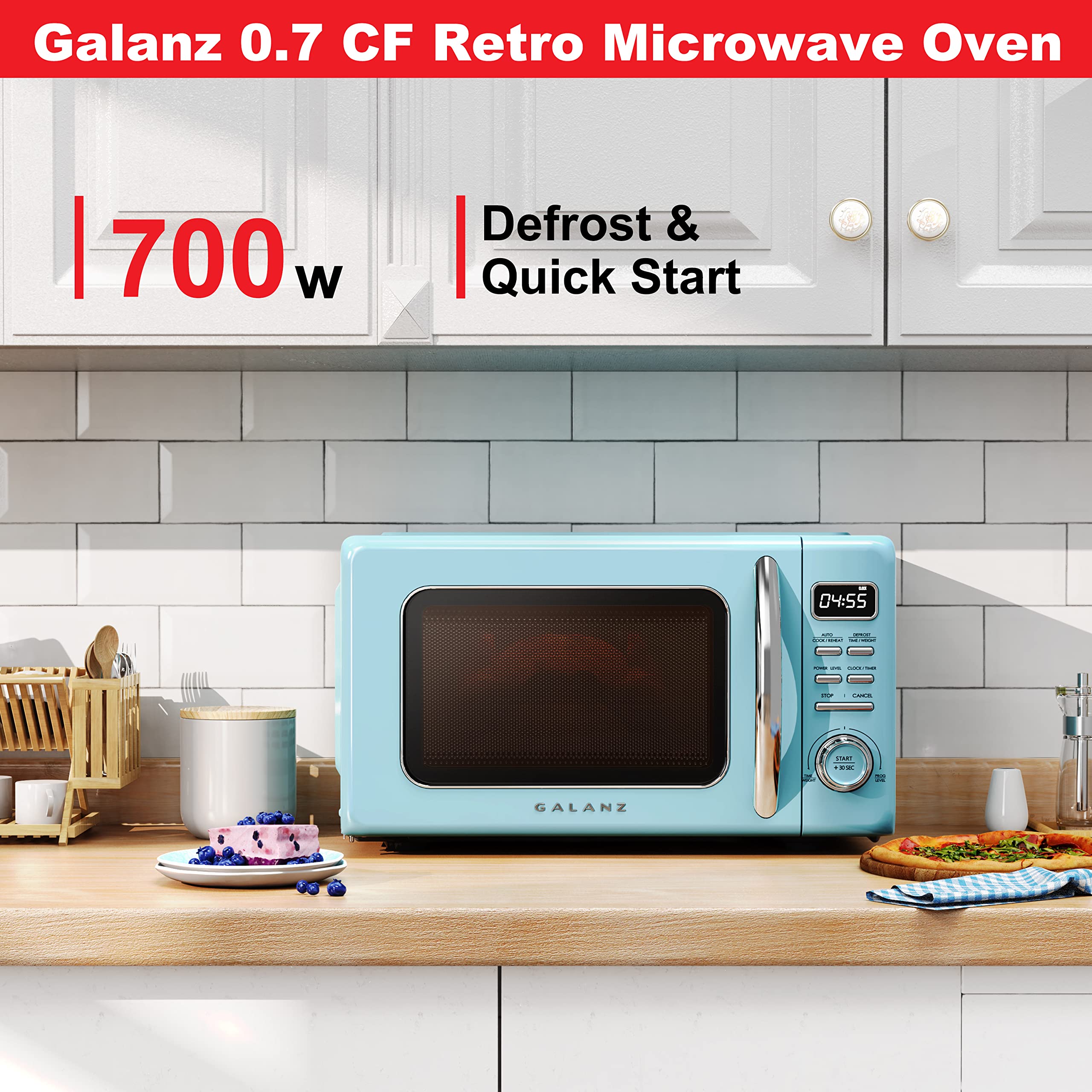 Galanz Glcmkz07Ber07 Retro Countertop Microwave Oven With Auto Cook & Reheat, Defrost, Quick Start Functions, Easy Clean With Gl