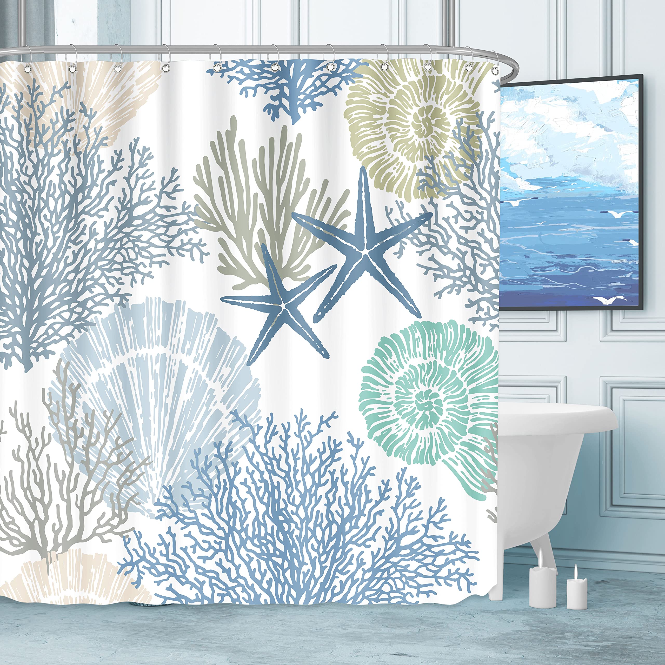Tritard Extra Long Shower Curtain Decorative Nautical Coastal Starfish Seashell Beach Bath Curtain Waterproof Fabric Ocean Theme