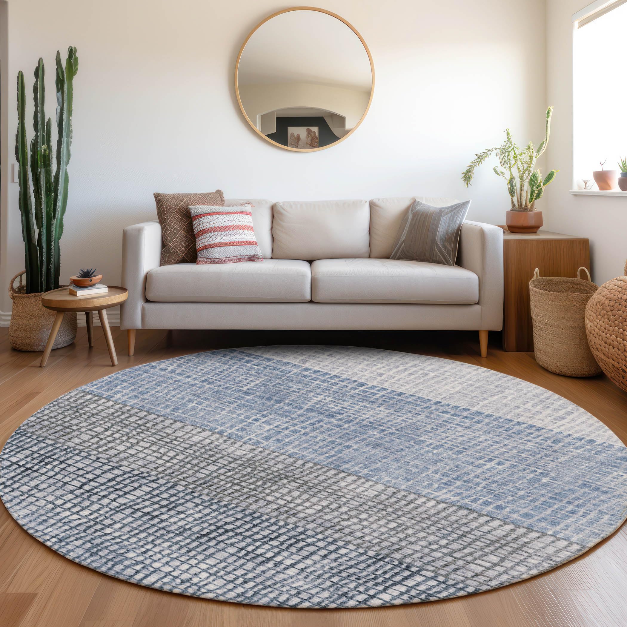 Machine Washable Indoor/Outdoor Chantille Blue 8 x 8 Round Rug
