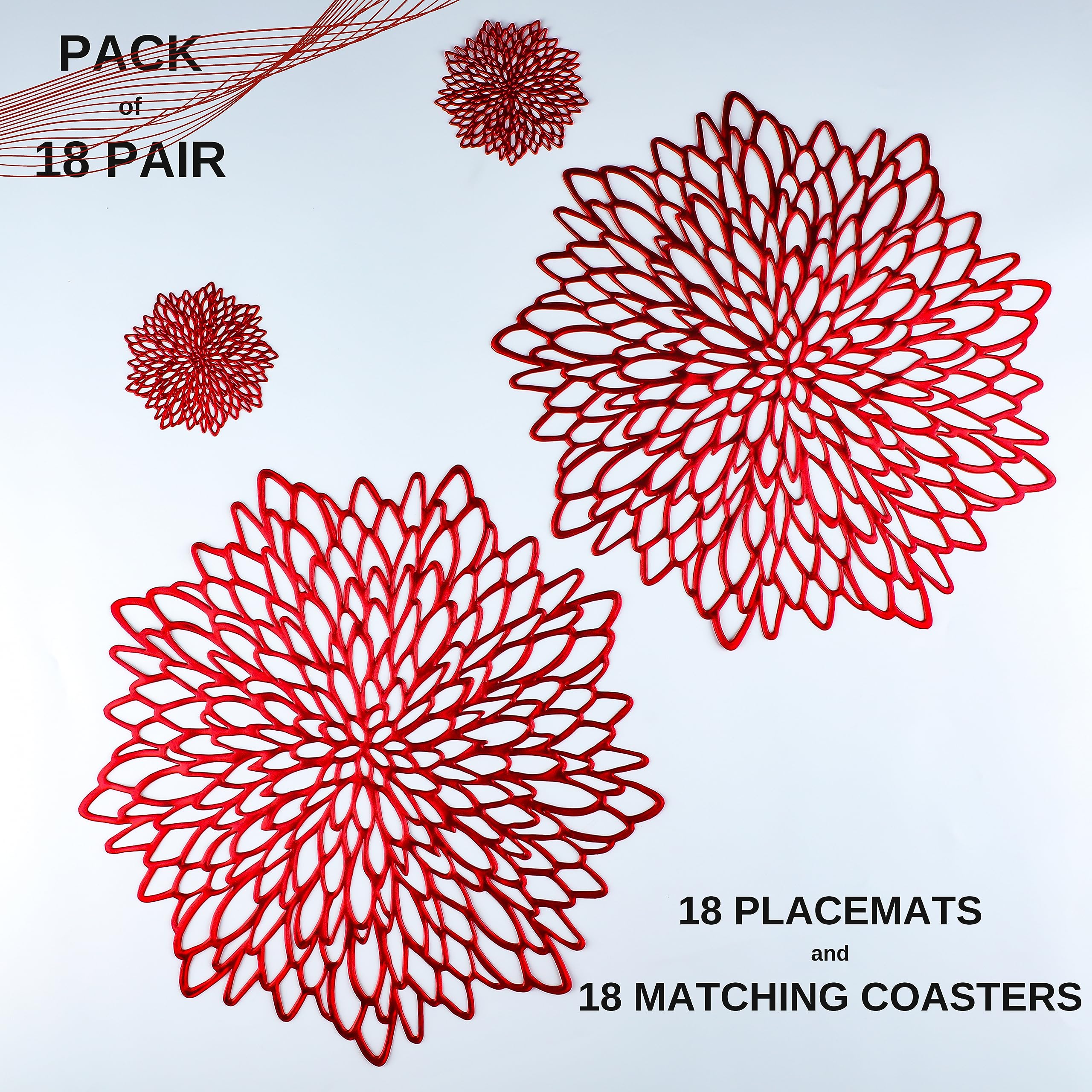18 Pairs Red Placemats & Coasters 36 Pcs Metallic Shiny Pressed Vinyl Dinning Table Mats Round Leaf Decorative For Christmas Val