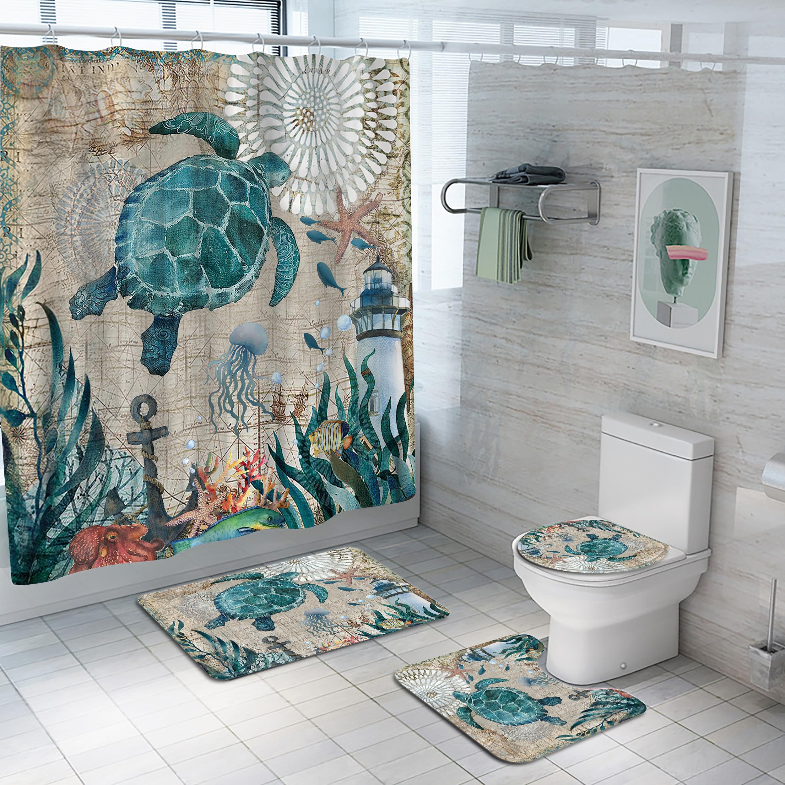 Planially 4Pcs Sea Turtle Shower Curtain Sets, Ocean Turtle Bathroom Sets With Shower Curtain And Rugs Durable Waterproof Curtai
