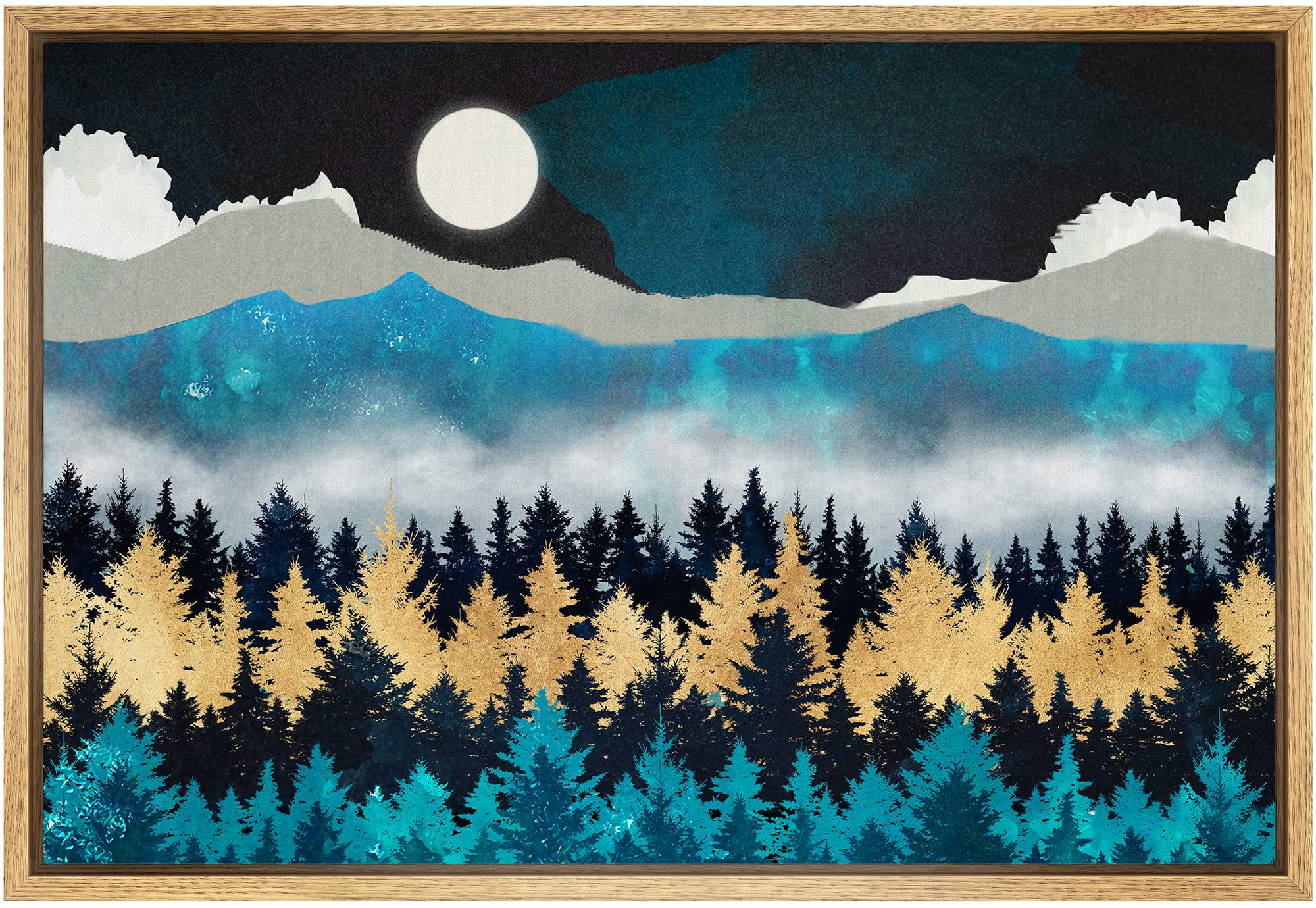 Signford Framed Canvas Print Wall Art Woodland Nursery Decor Teal Granite Mountain Range Forest Nature Wilderness Modern Art Rus