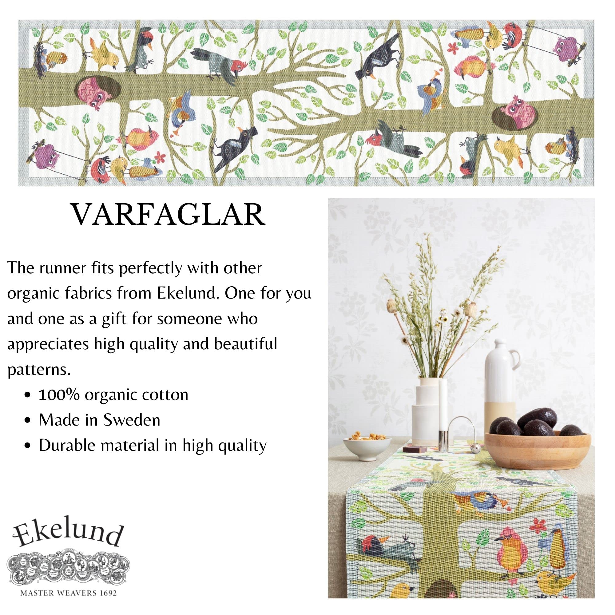 Ekelund Master Weavers - Vrfglar - @14 Inches X 47 Inches Natural Organic Cotton Fine Swedish Table Runner,Multicolor,35 Cm X 12