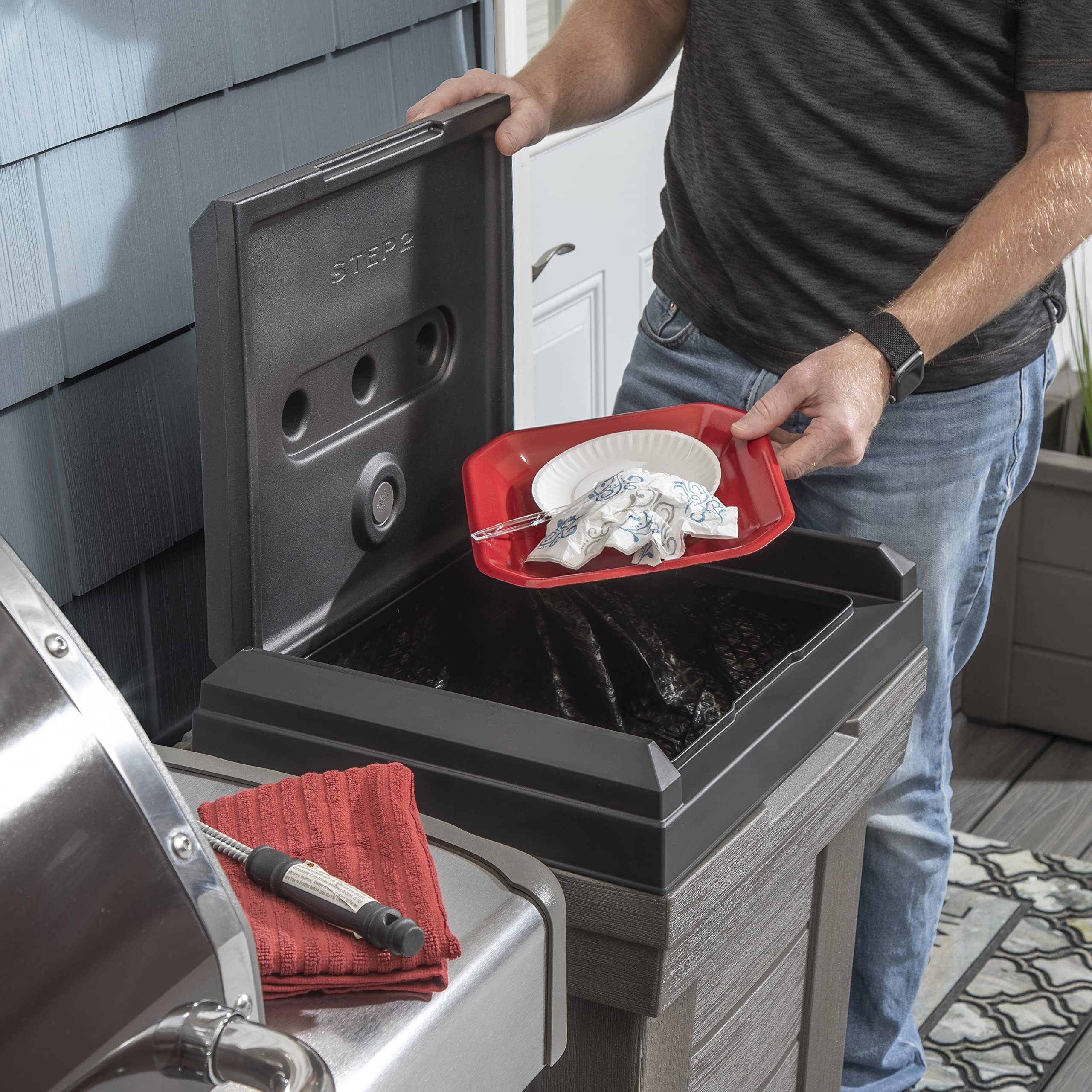 Step2 Lakewood Garbage Container - Dark Cedar - Indoor/Outdoor Refuse Container - Large Capacity Garbage Receptacle - Decorative