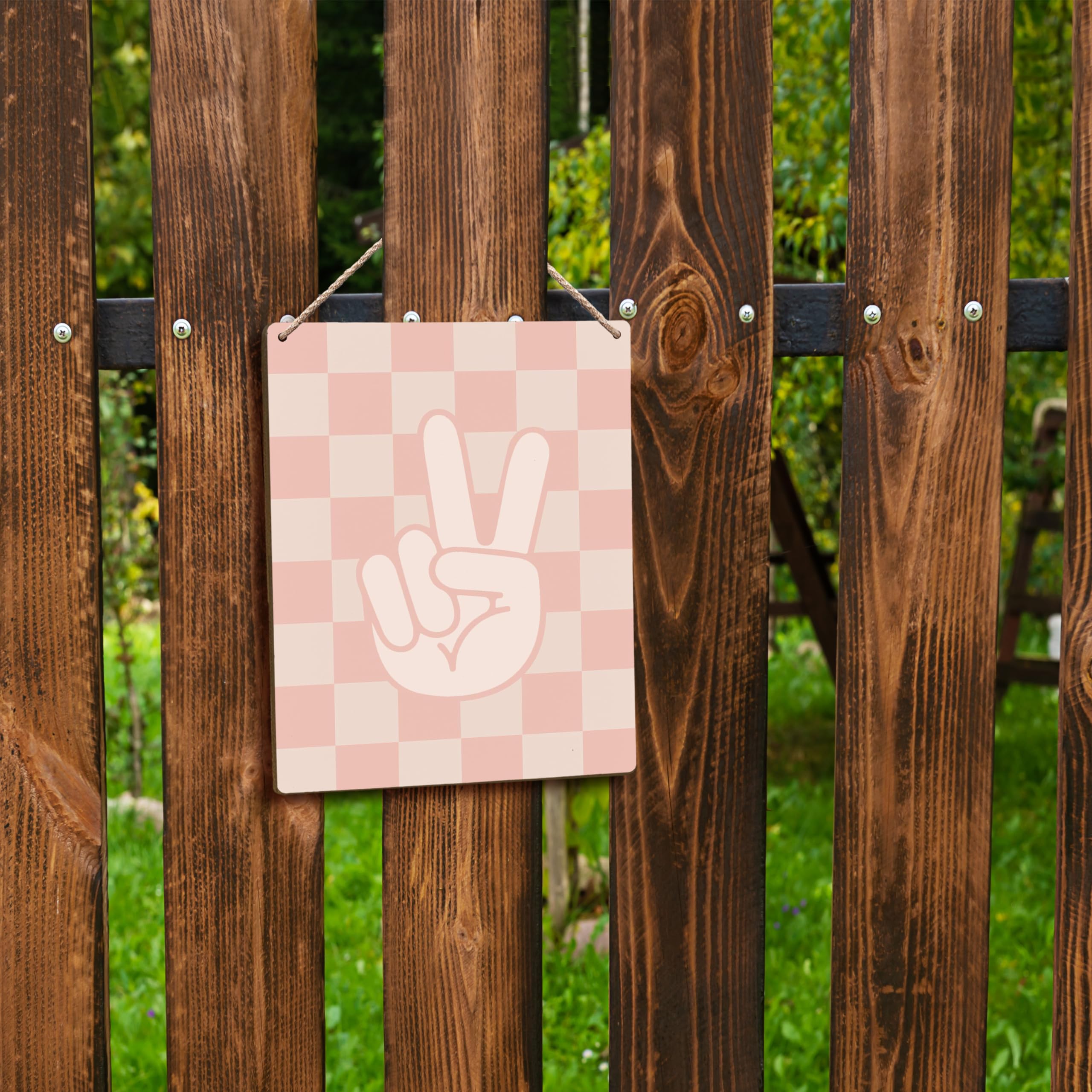 FUGWN Pink Checkered Peace Sign Hanging Wooden Signs 8x10, Pink Preppy Checkerboard Decor for Home Girls Nursery Room Dorm, Prep