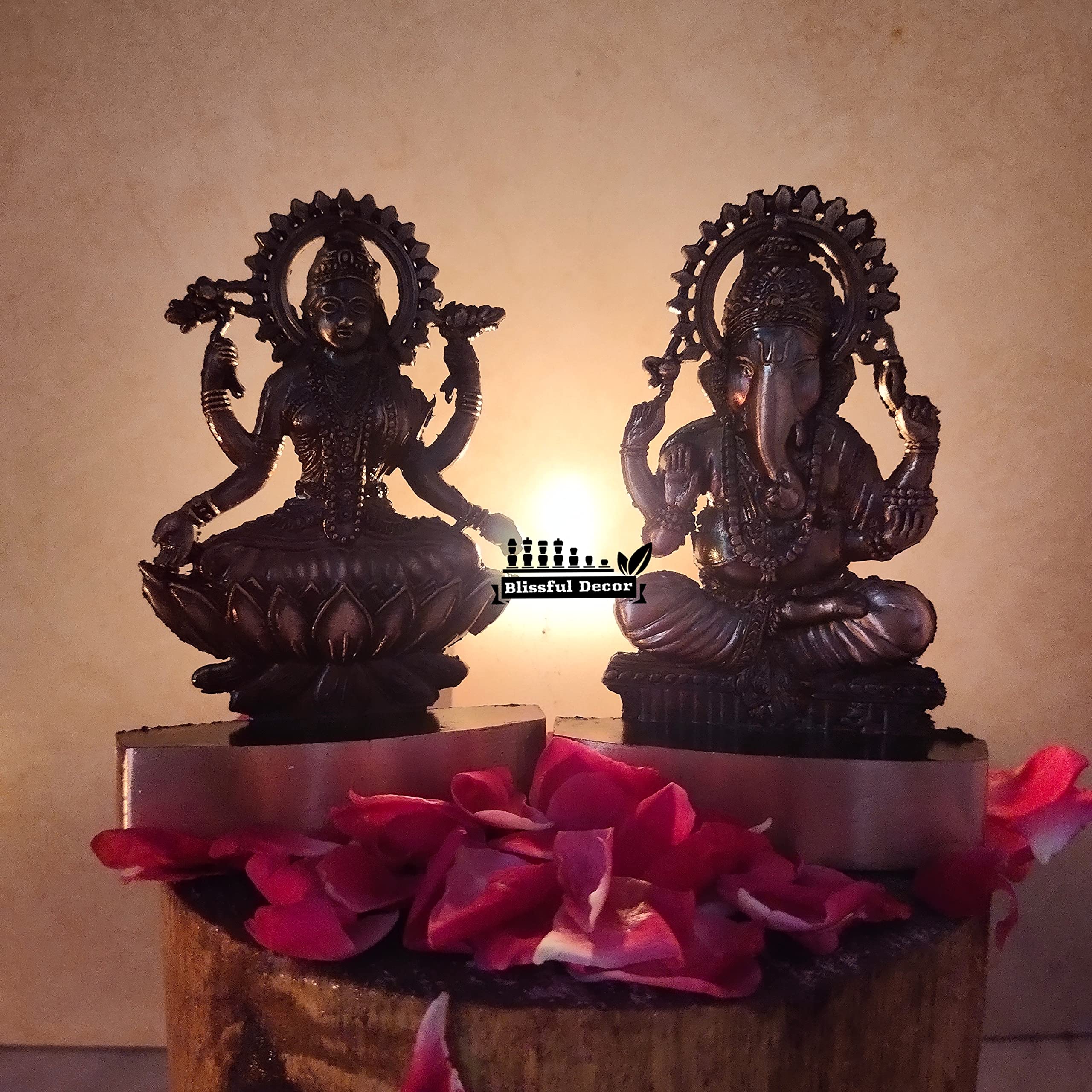 Blissful Decor Amishi Handicraft Metal Laxmi Ganesha Copper Antique Finish Pujan Set Auspicious Indian Art Statues Luxmi Ganesh