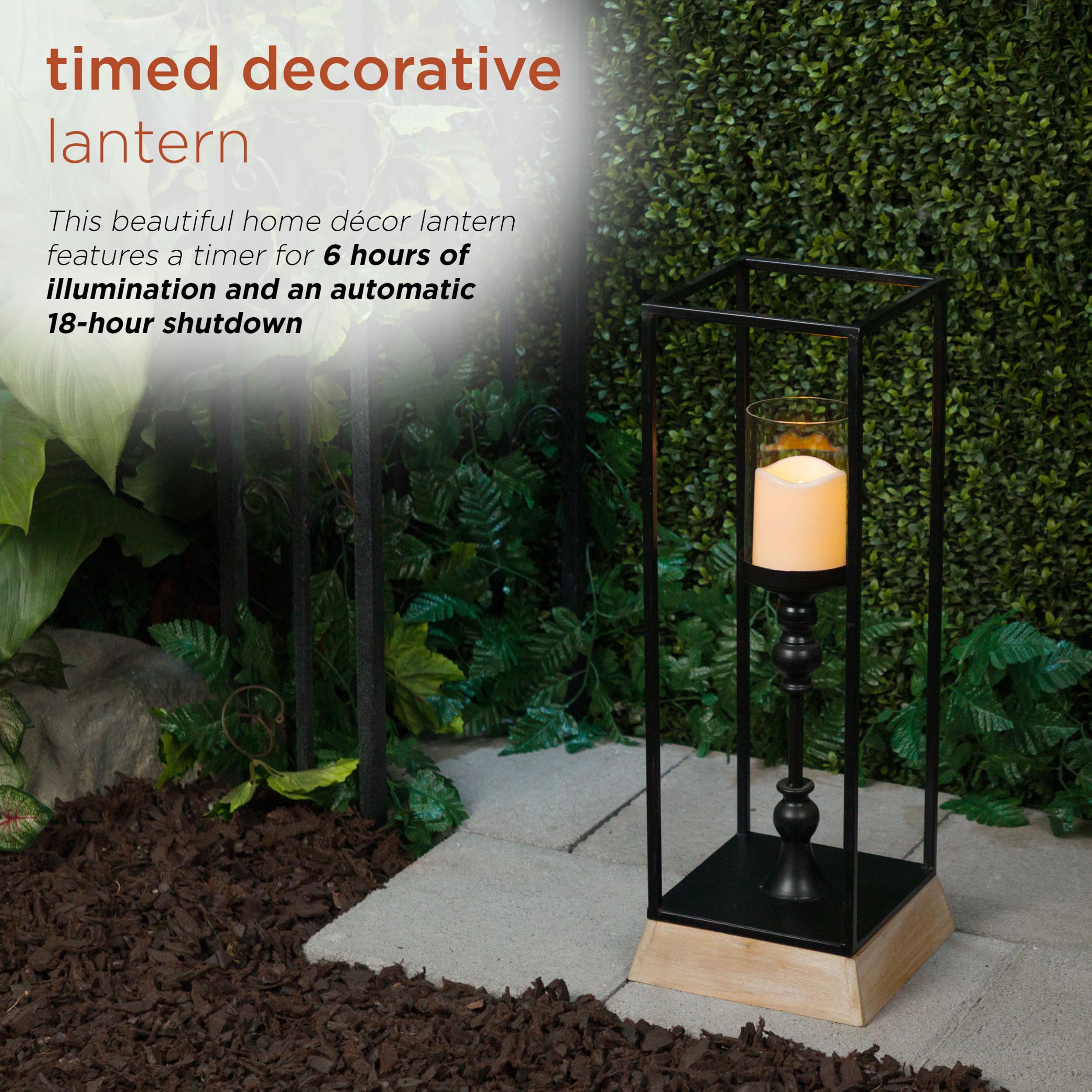 Alpine Corporation ILT104HH-S-BK Metal & Glass Decorative Lantern w/LED Candle & Timer, LED Home Decor, Small, 25 H, Black