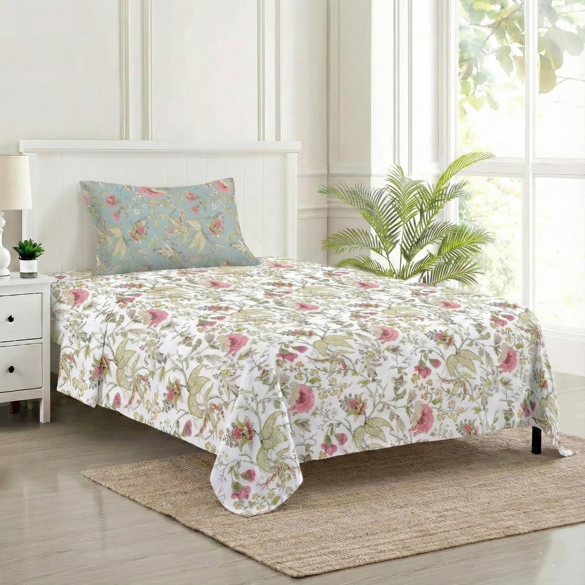Trance Home Linen 180 Tc | 100% Cotton Bedsheet For Single Bed | Rotary Anti Fade Printed Single Flat Bedsheet With 1 Pillow Cov