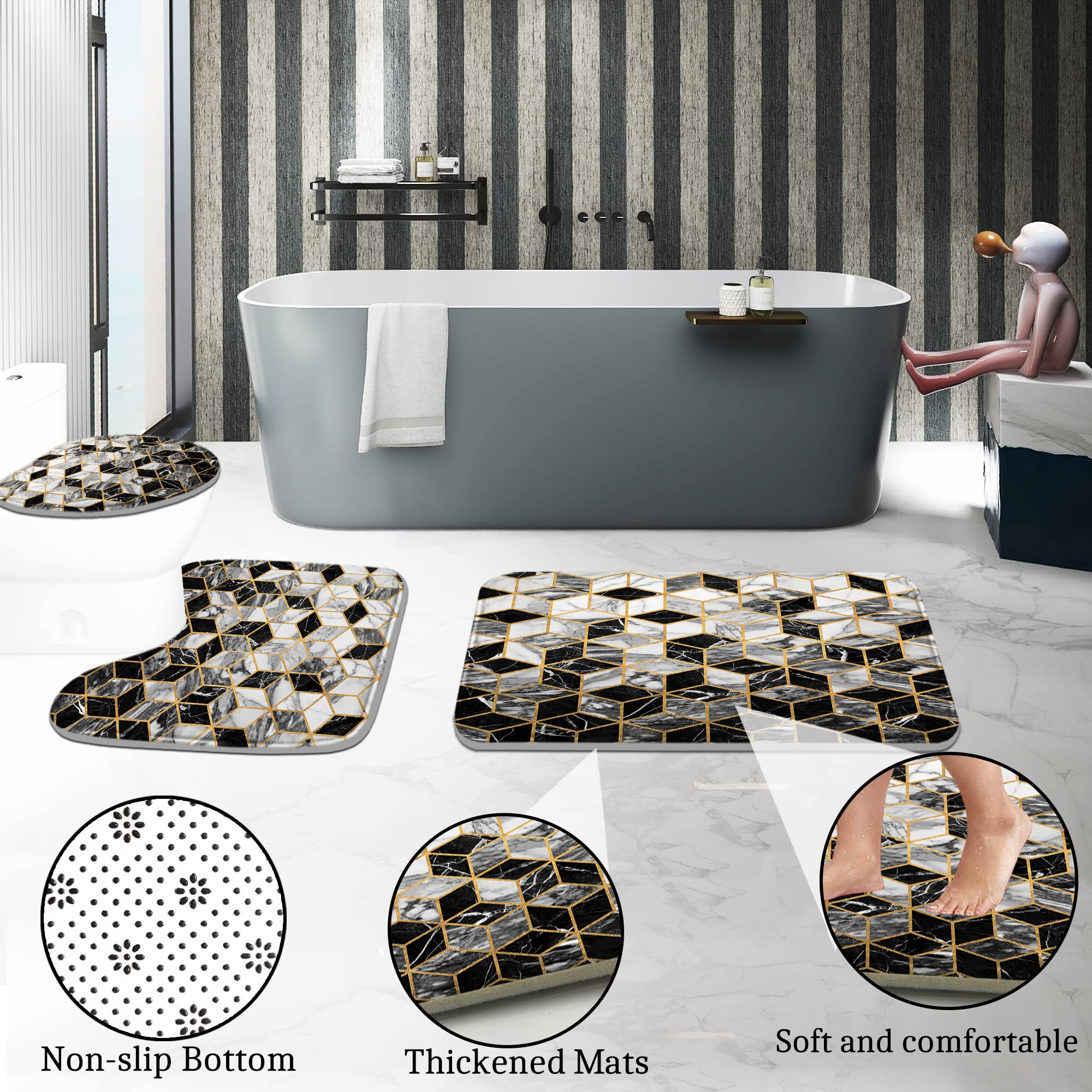 Poedist 4 Pcs Bathroom Shower Curtain Set  Honeycomb Marble Bathroom Sets with Rugs(Bath Mat U Shape and Toilet Lid Cover Mat) and 12 Durable Hooks