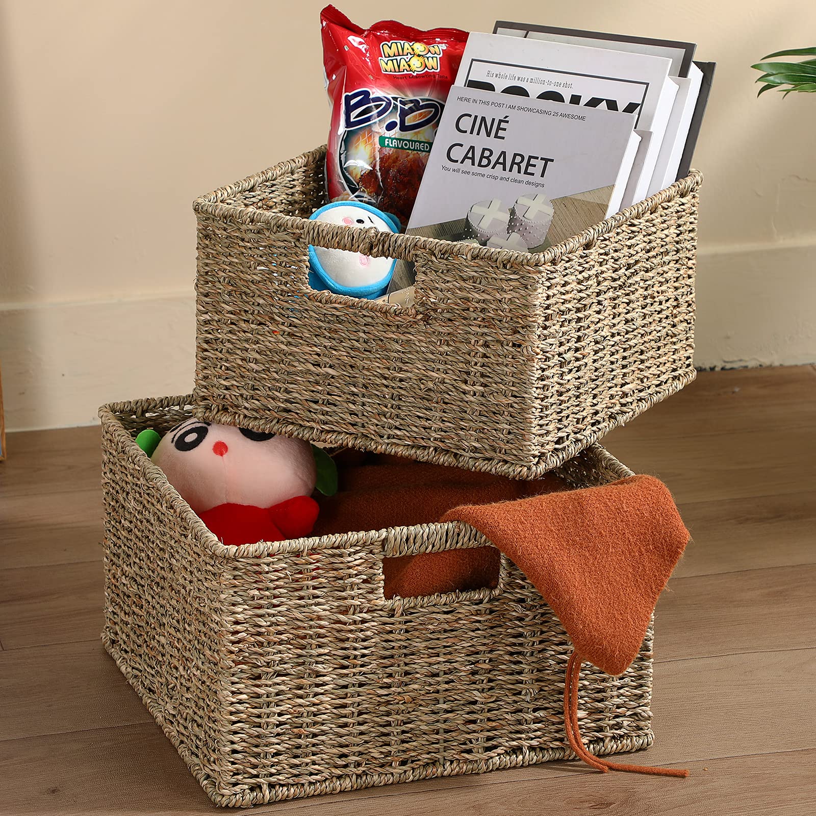 HOONEX Wicker Storage Baskets for Organizing  Decorative Woven Seagrass Baskets for Storage with Carrying Handles  Set of 2  Natural