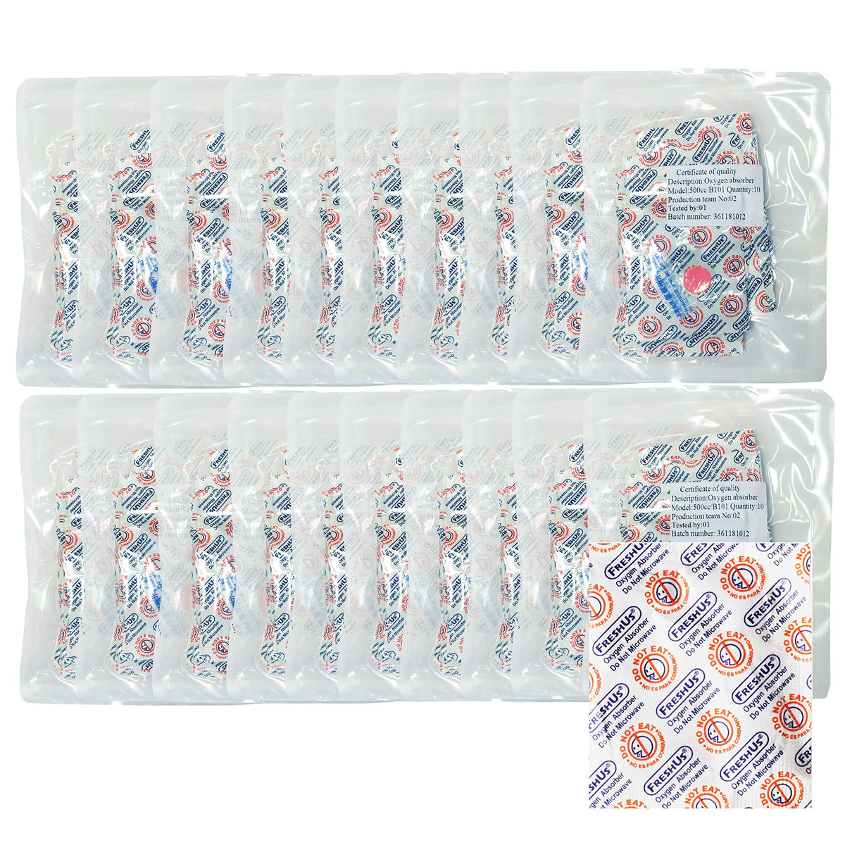 Freshus 500Cc Oxygen Absorber(20 Individual Packs Of 10 Packet, Total 200 Packets) - Long Term Food Storage (200, 500 Cc)