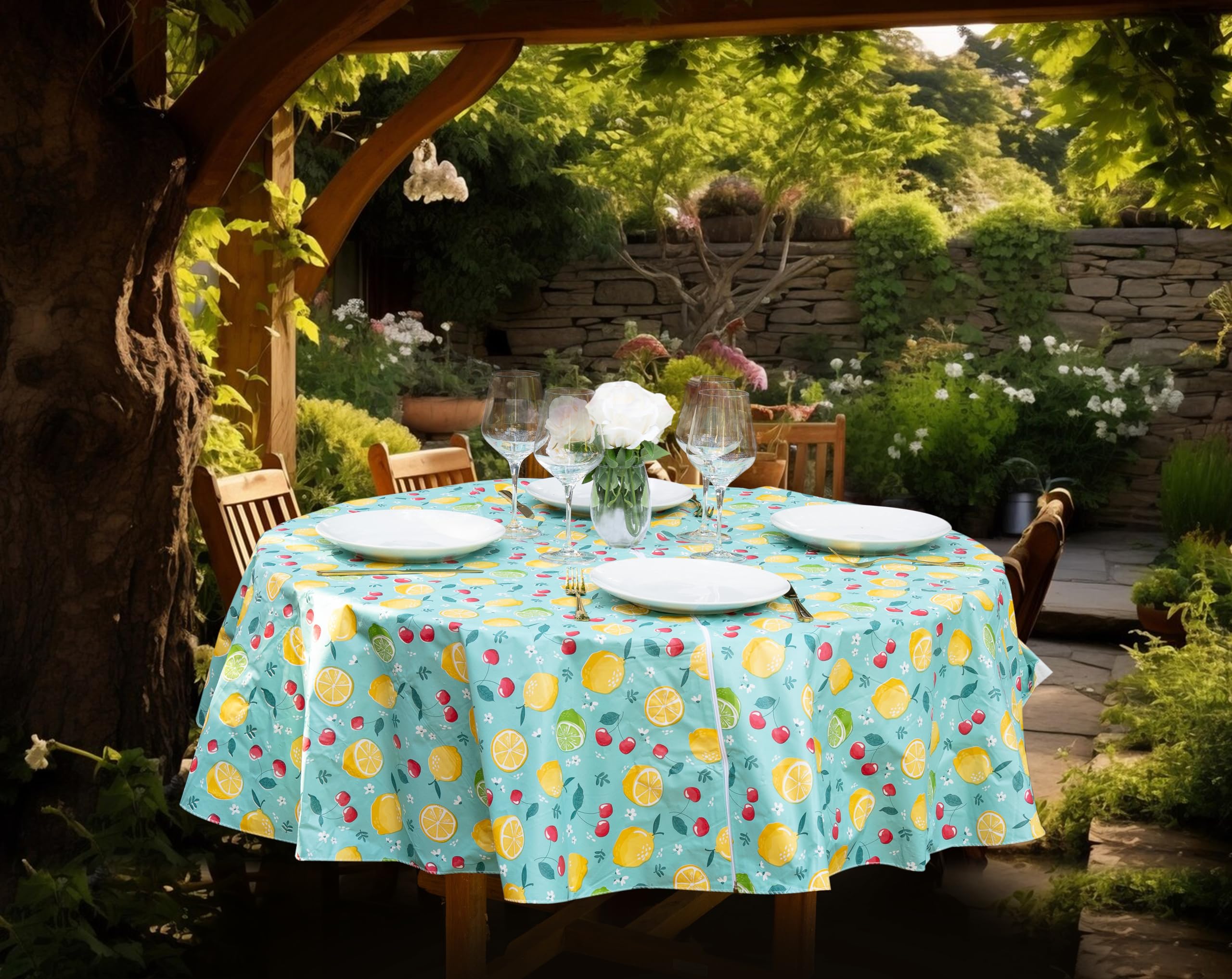 Everyday Luxuries Waterproof Oval Tablecloth 52 X 70 Inch Stain And Wrinkle Resistant | Decorative 3.6 Gauge Lemons & Cherries V