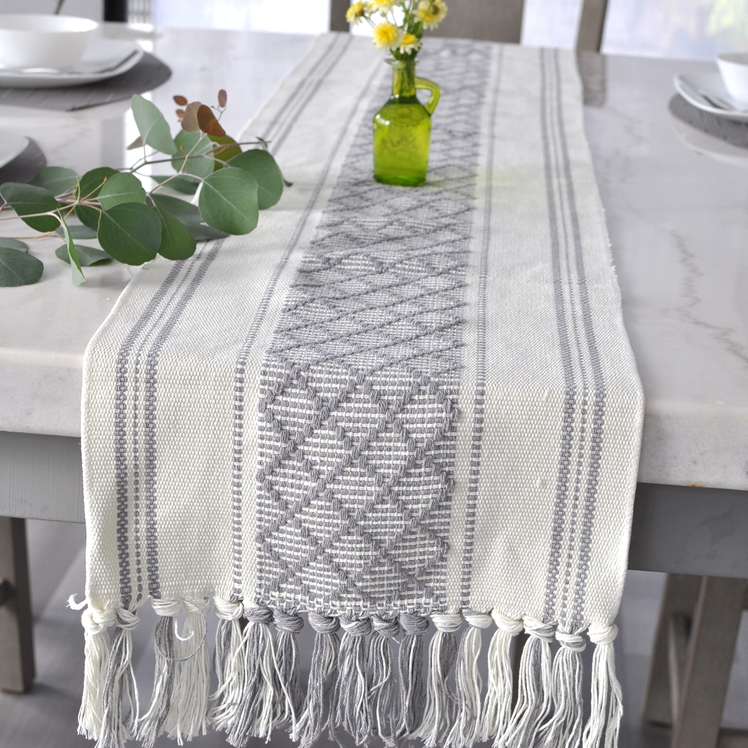 Oveesha Long Dining Table Runner With Tassels 14 X 90 Inches, Gray & Off White/Woven Washable Console Table Cover/Boho Dresser S