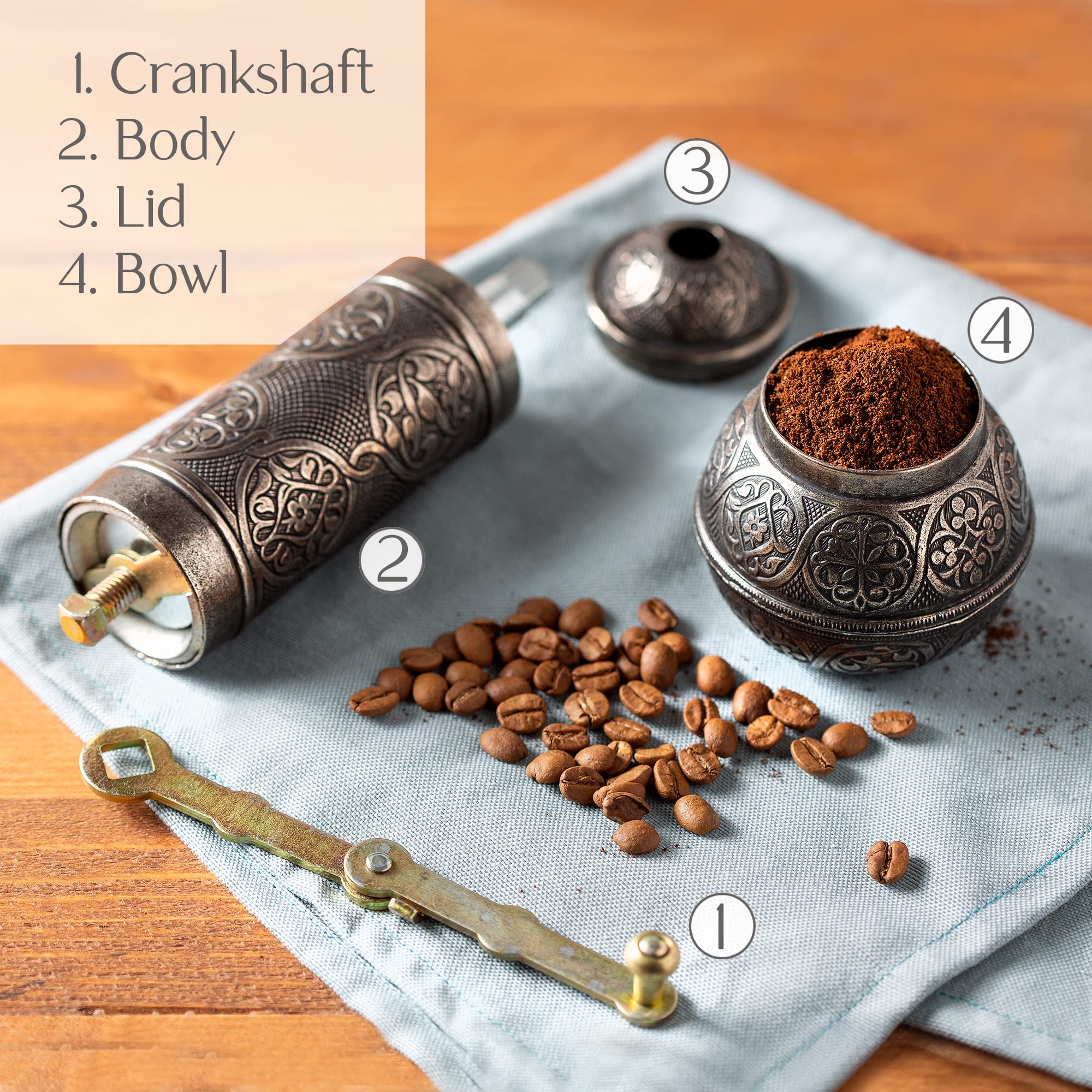 Crystalia Refillable Coffee Grinder, Authentic Manual Mill With Adjustable Grinder, Metal Coffee Mill With Handle, Antique Coffe