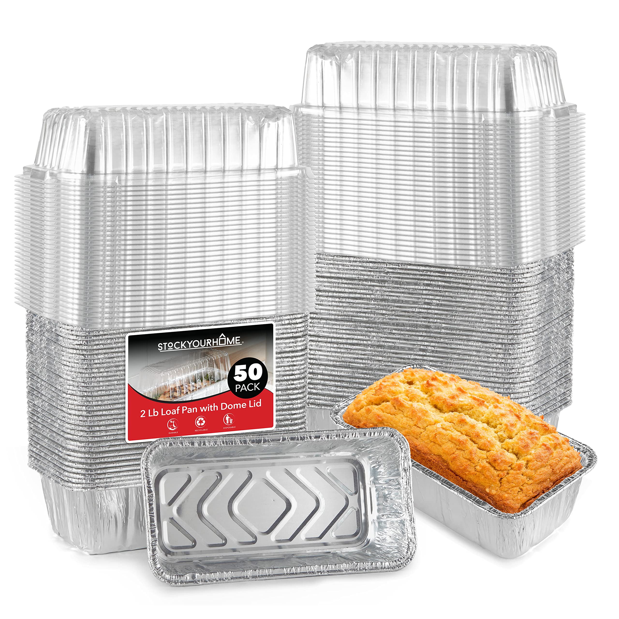 Stock Your Home Disposable Aluminum Loaf Pans With Lids, 2 Lb (50 Pack) Foil Baking Tins With Plastic Lid, Tin Pan With Cover Fo
