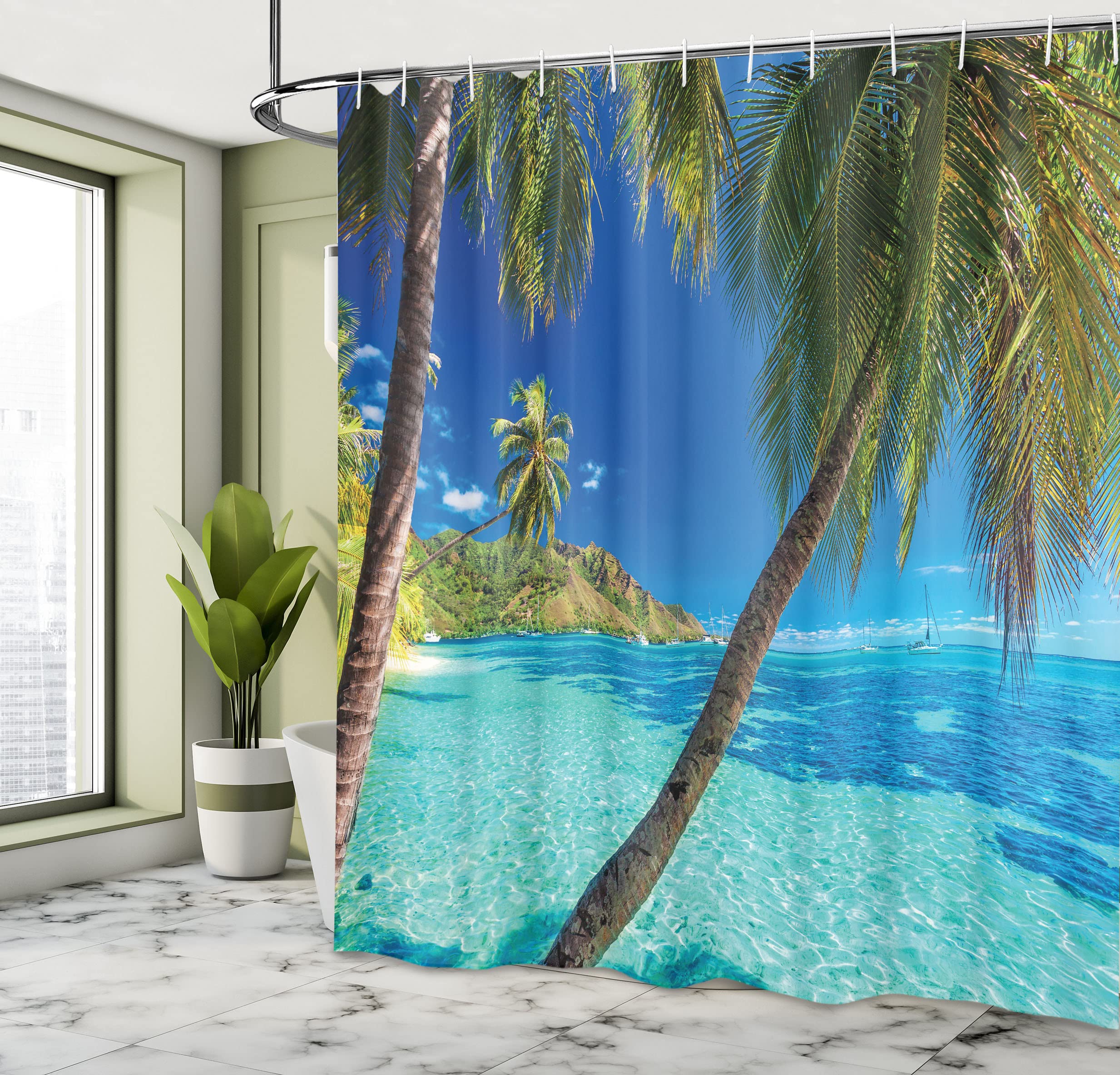 Ambesonne Ocean Shower Curtain, Image Of A Tropical Island Beach Theme The Palm Trees And Clear Sea Print, Cloth Fabric Bathroom