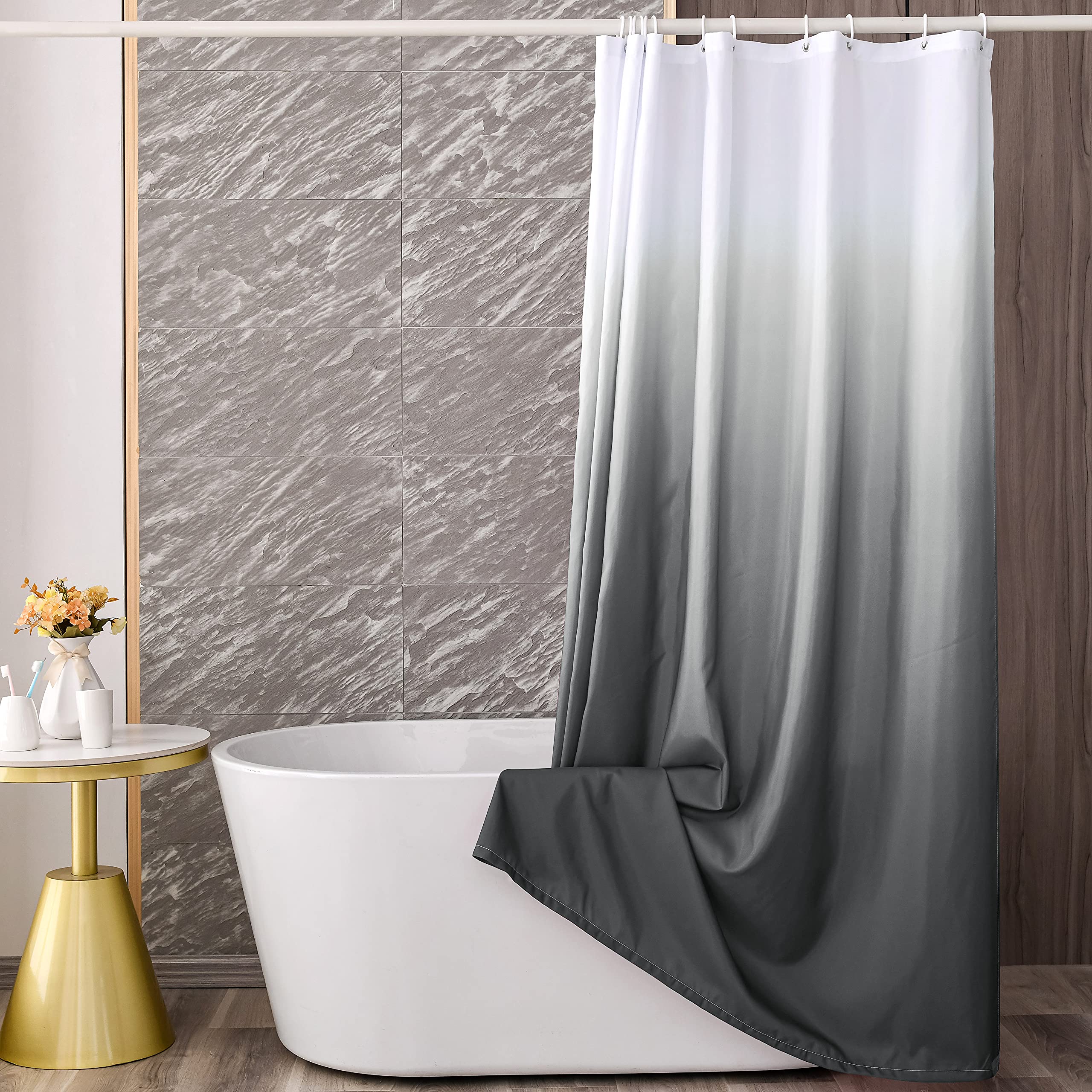 YI & ZE Black Ombre Shower Curtain Sets for Bathroom Accessories Fabric Polyester Waterproof Modern Extra Long Shower Curtain Liner with 12 Hooks W72xL84