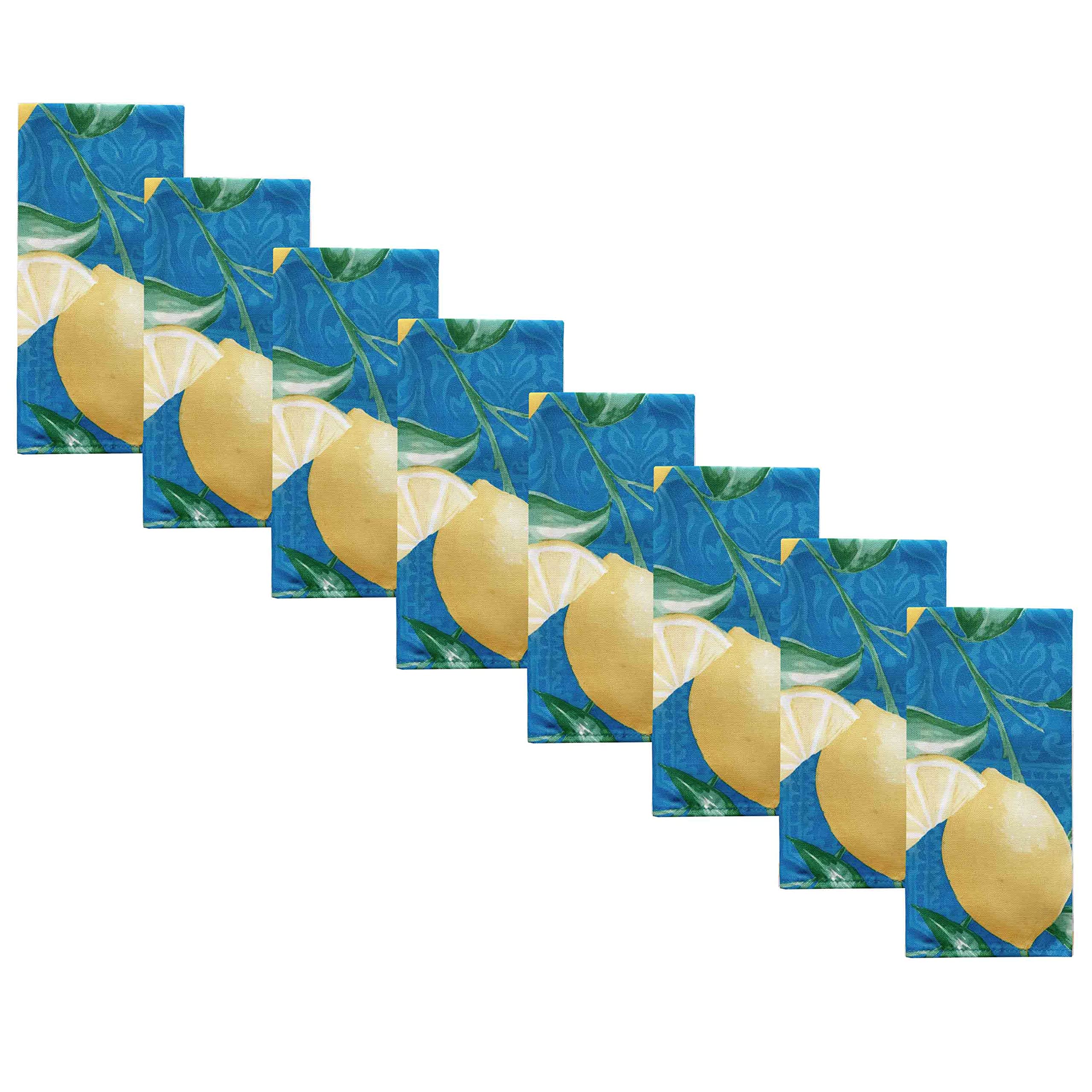 Newbridge Mediterranean Lemon Zest Indoor/Outdoor Print Fabric Napkins, French Provence Blue And Yellow Lemon Design Water And S