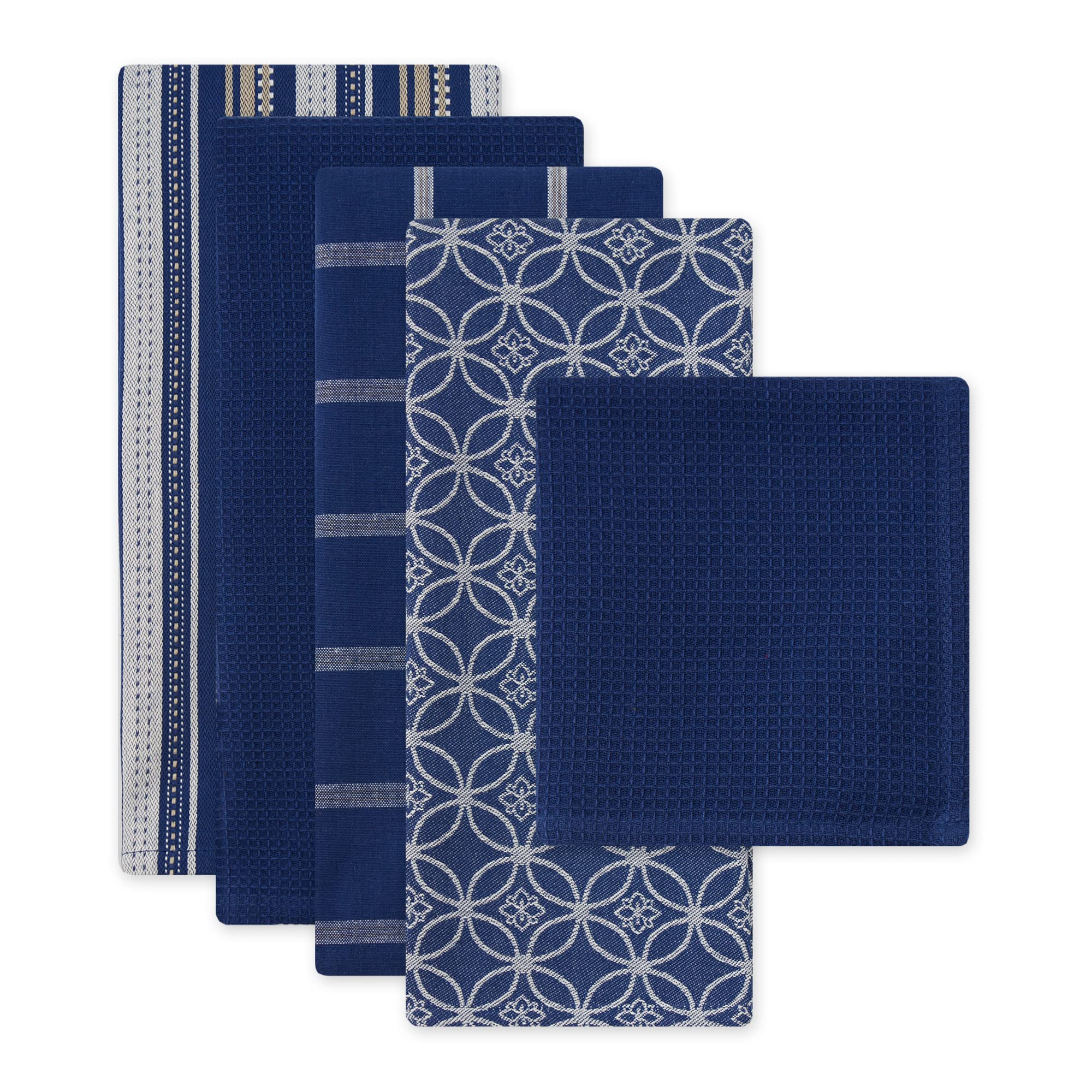 DII Assorted Woven Kitchen Set  Dishtowel  18x28  Dishcloth  13x13  Nautical Blue  5 Piece