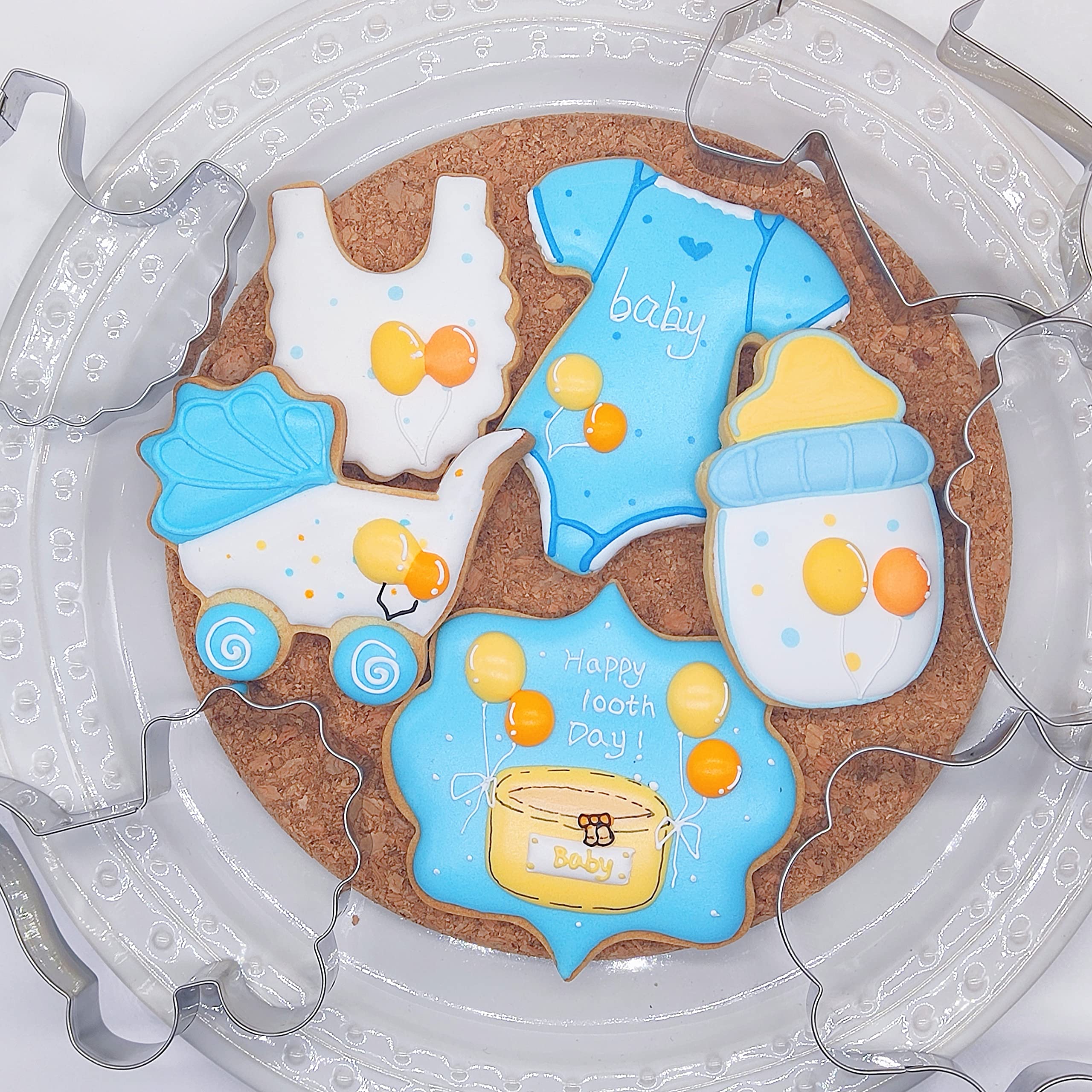 5 Pieces Baby Shower Cookie Cutters,Cute Shapes Of Onesie, Bib, Plaque/Frame,Baby Bottle, Baby Carriage For Baby Showers, Reveal