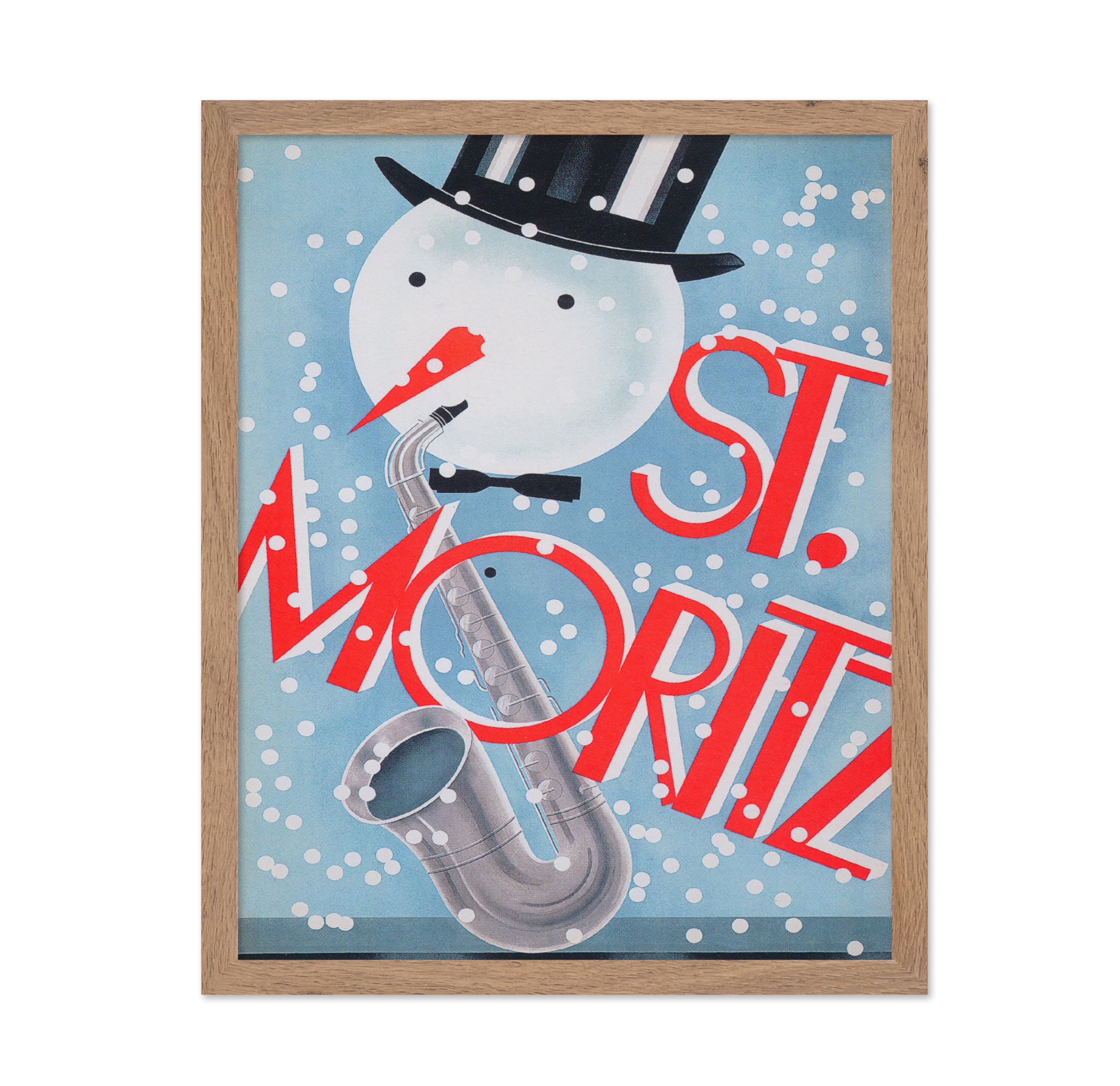 Poster Master Vintage Travel Poster - Retro Christmas Print - Gift for Artist, Friend - St. Moritz, Snowman, Winter, Saxophone, 