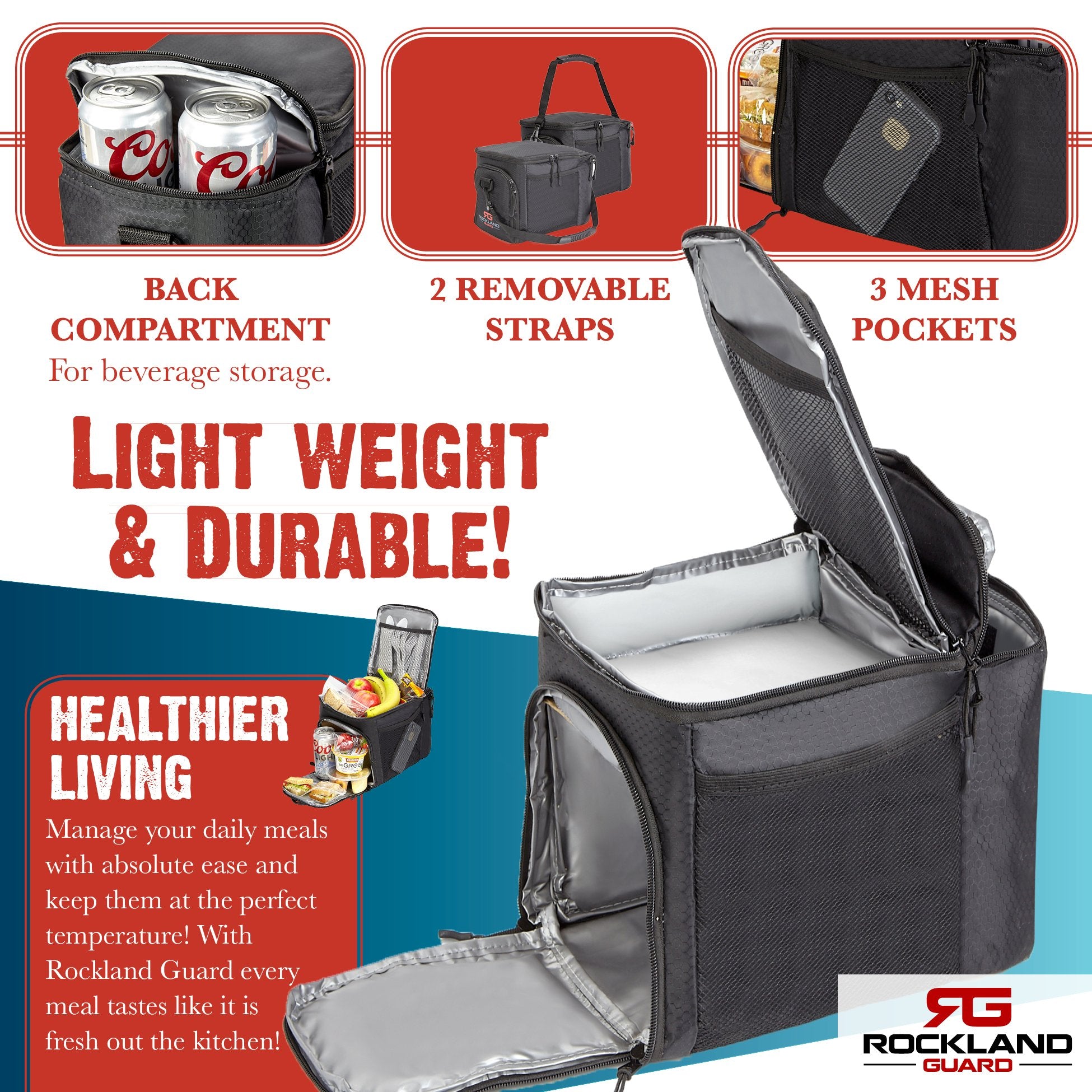 Rockland Guard - Insulated Meal Prep Bag Cooler - Portable Hot or Cold Lunch Box for Meal Management at Work  Gym or Travel. (Black)