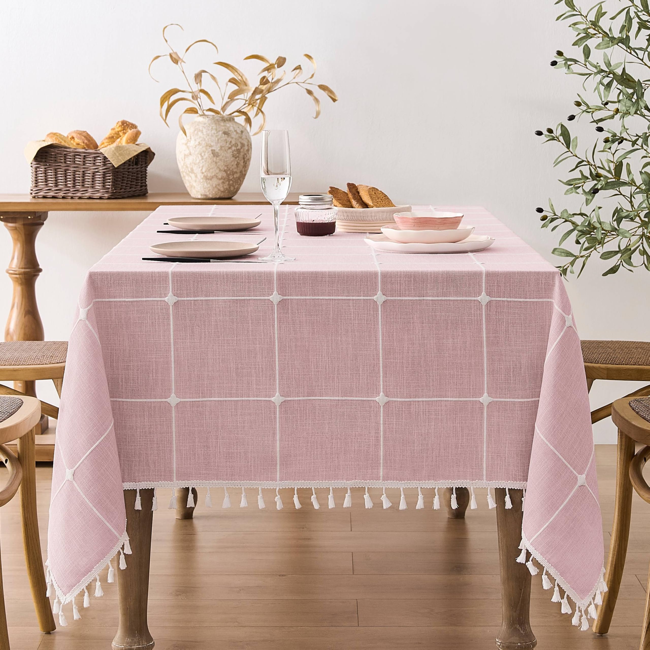 ZeeMart Boho Grid Table Cloth with Tassels (Pink, 60 x 60), Heavy Weight Linen Checked Embroidered Farmhouse Tablecloth, Water R