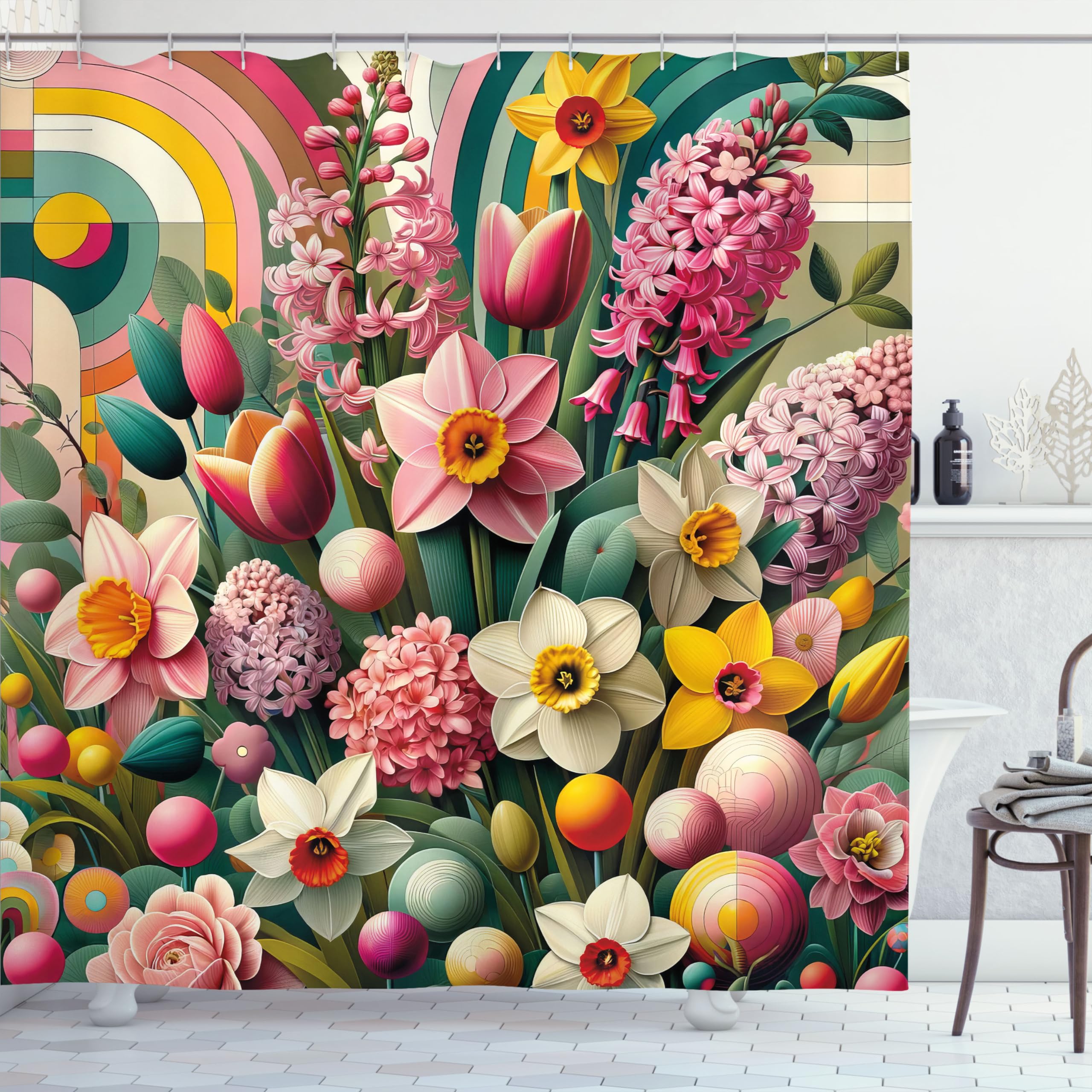 Ambesonne Spring Shower Curtain, Colorful Design Leafy Scenario Of Floral Garden With Funky Back Dreamy, Cloth Fabric Bathroom D