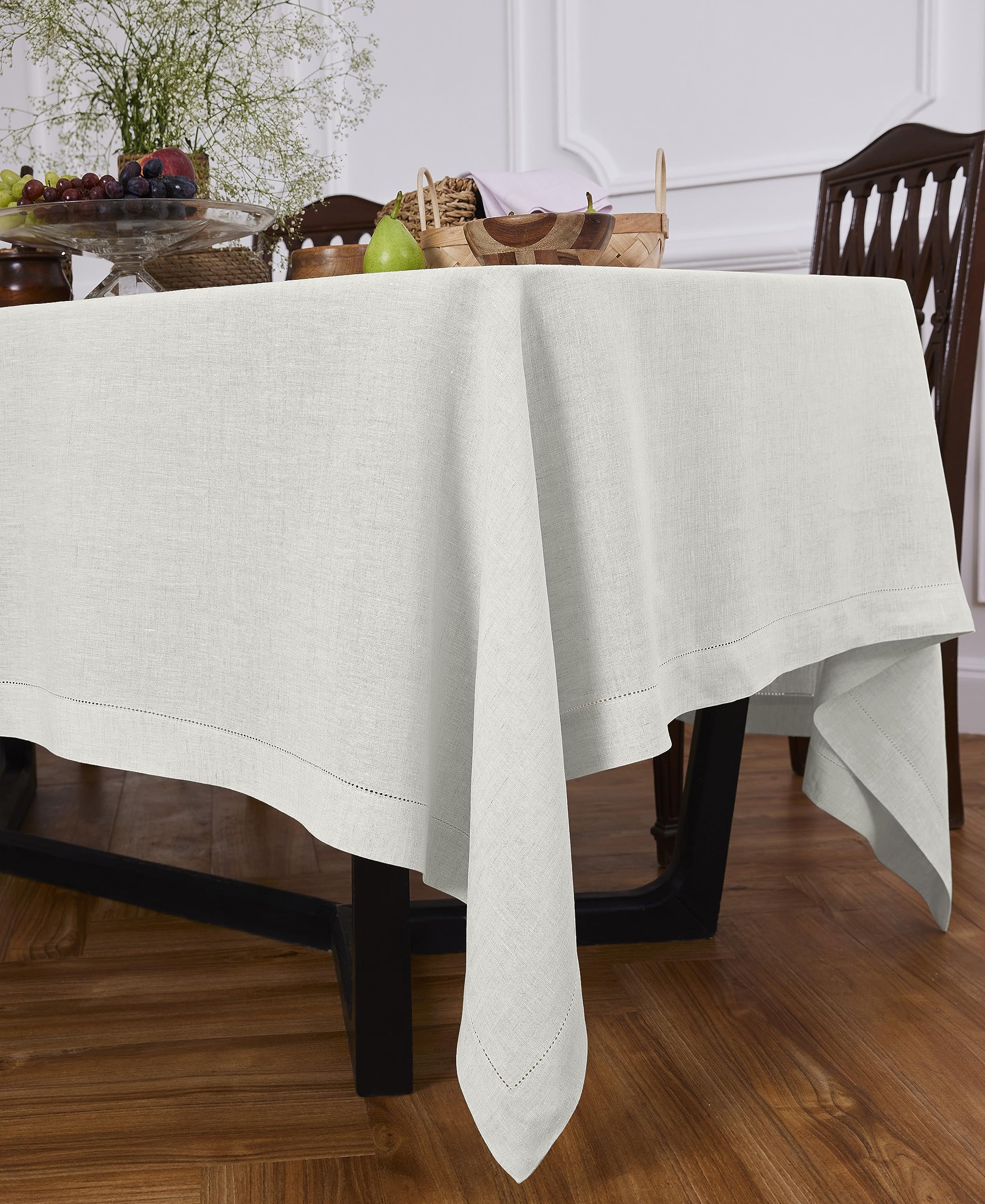 Solino Home Light Flax Linen Tablecloth 90'' L X 70'' W Inch - Sonoma Hemstitch 100% Pure Linen Prewashed Table Cloth For Rectan