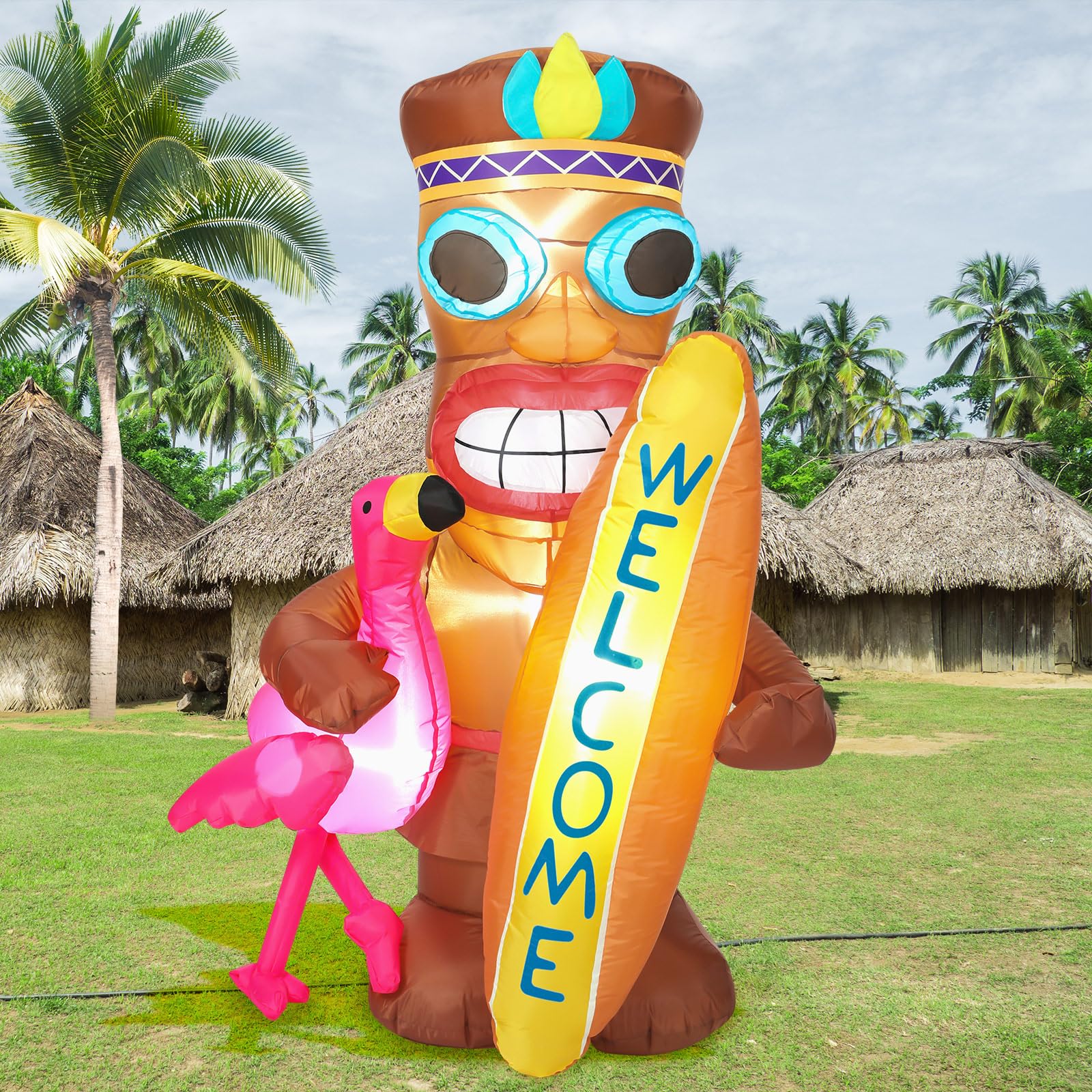 Shappy 5 ft Inflatable Tiki Flamingo Surfboard Luau Hawaiian Party Decorations Summer Inflatables Outdoor LED Lighted Tiki Blow 
