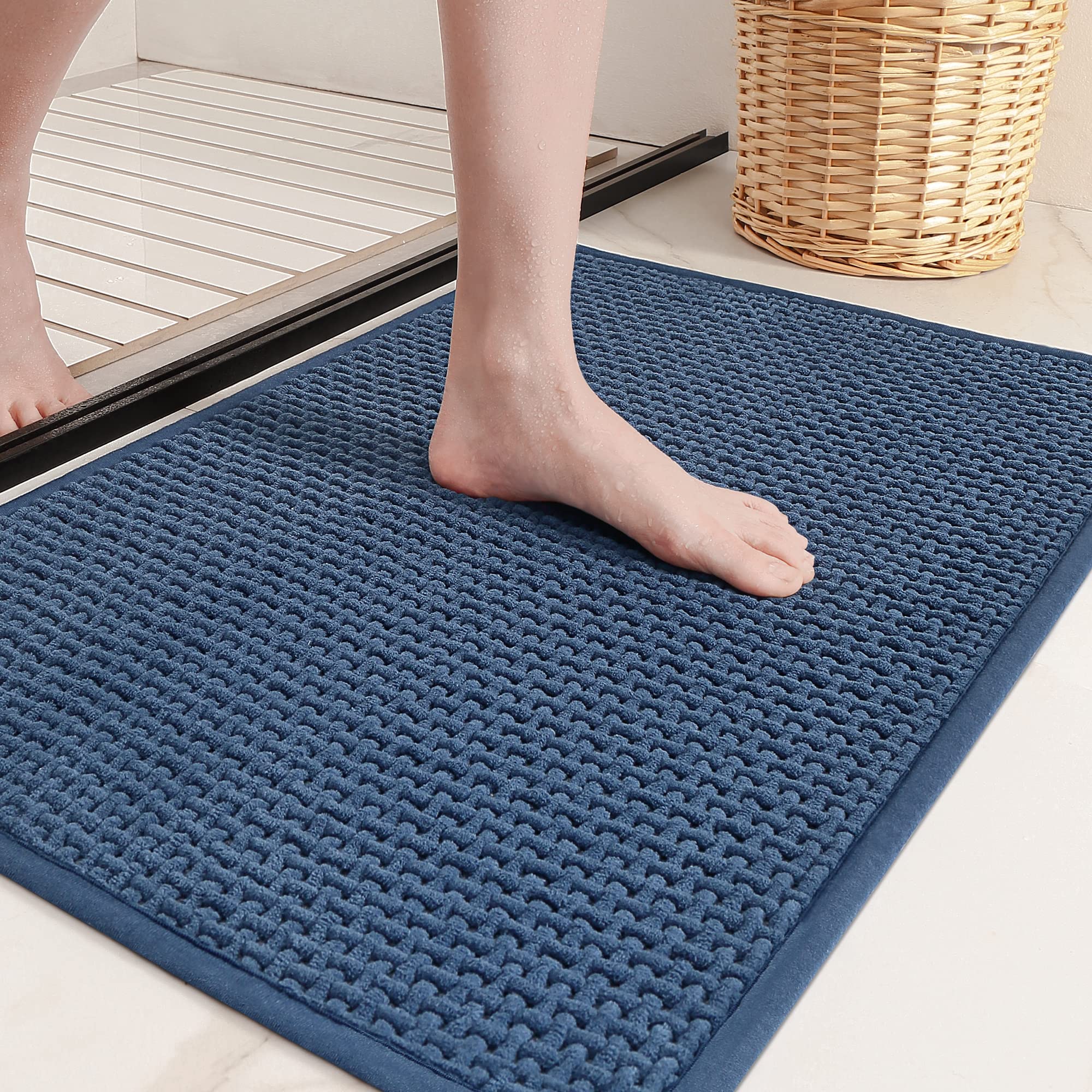 Color&Geometry Navy Blue Chenille Bathroom Rugs- Non Slip, Absorbent, Quick Dry, Thin, Washable- 16''X24'' Small Bath Mat Carpet