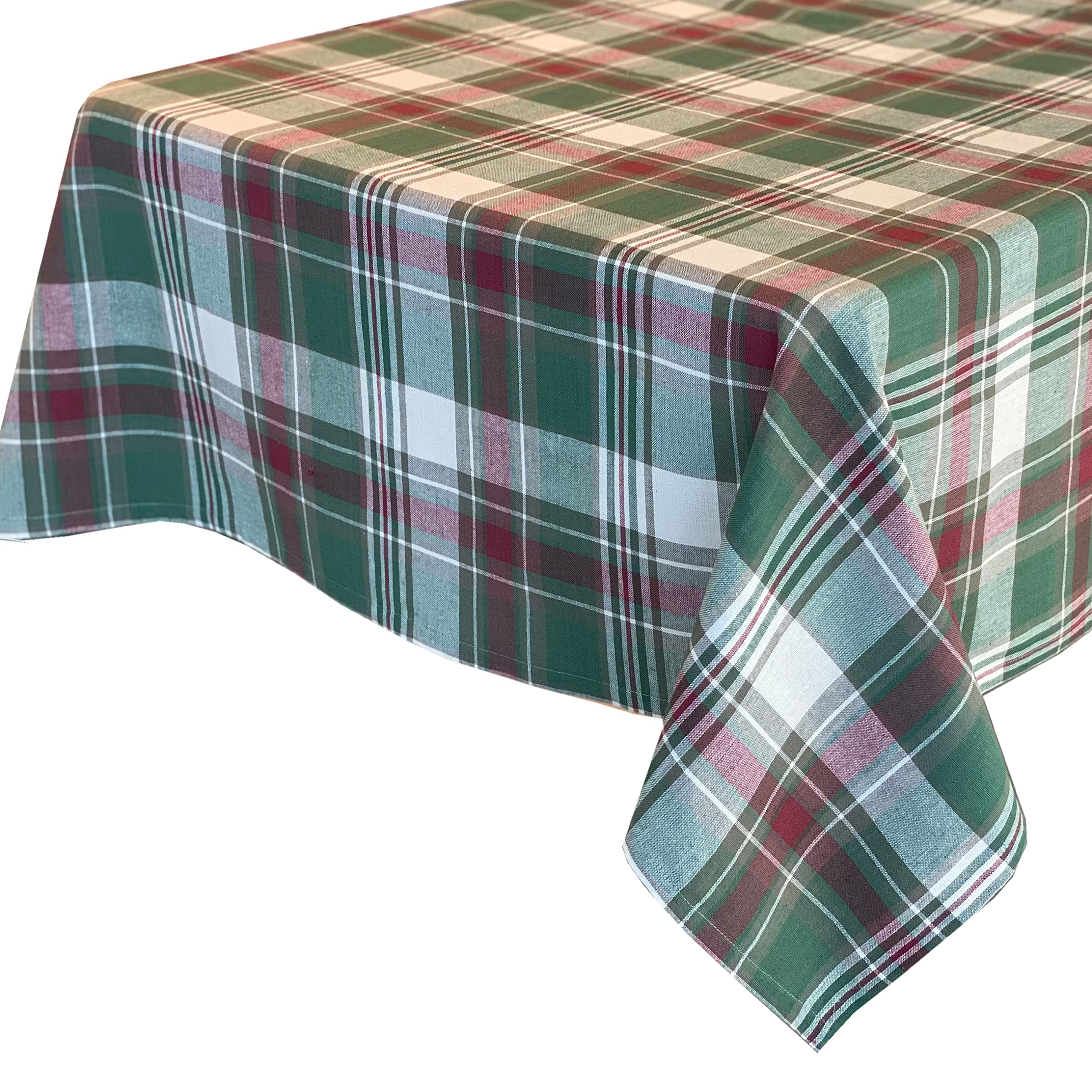 Lintex Christmas Cottage Plaid Cotton Weave Christmas Fabric Tablecloth, Country Rustic Holiday Tartan Plaid Easy Care Tableclot