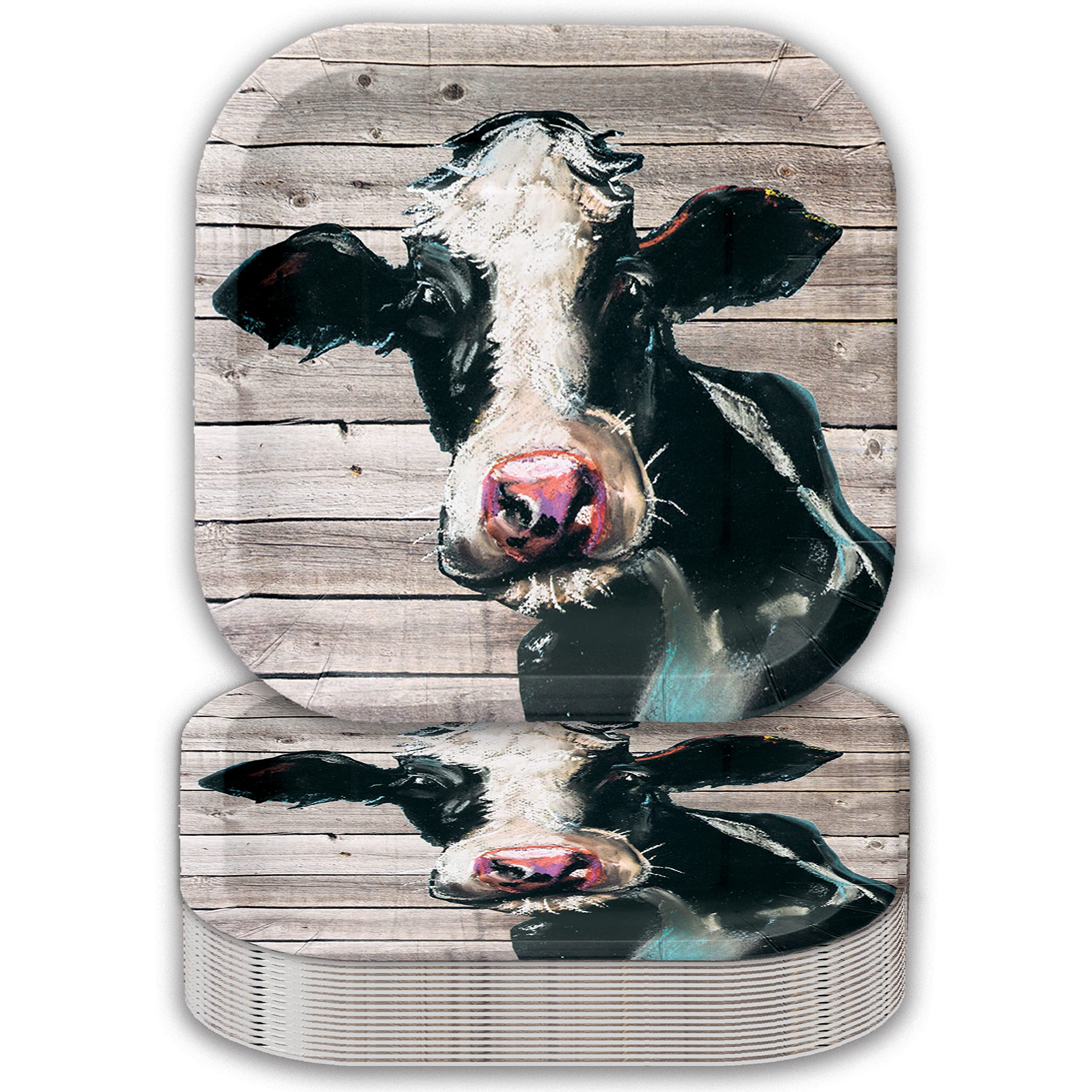 Havercamp Cow 9    Plates On Barnwood (24 Pcs.)! Authentic And Iconic Cow On A Rustic Barnwood Background. 24 Lg. 9 In. Square D