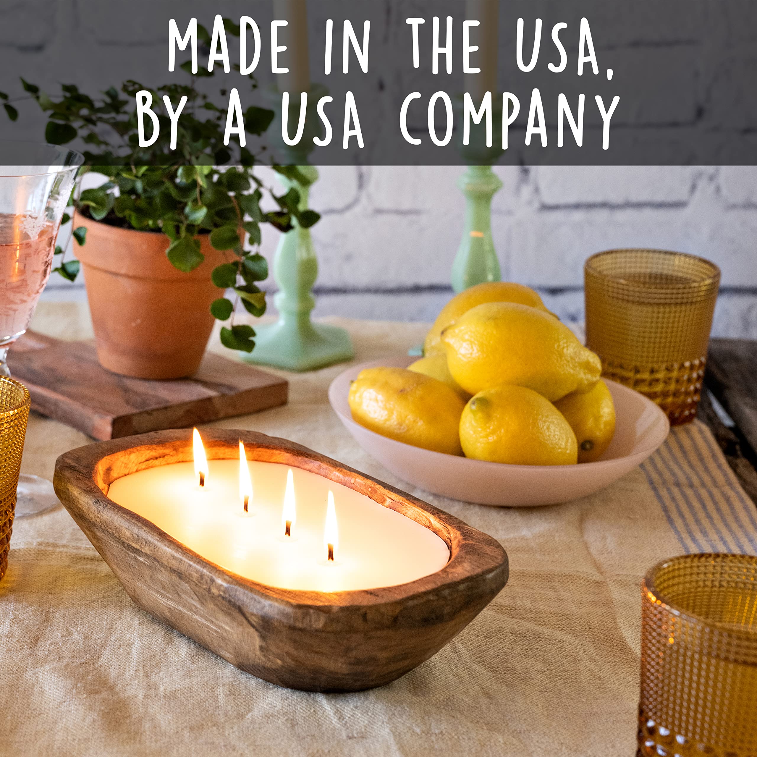 Wooden Dough Bowl Candle 10 Inch  Wooden Dough Bowl Soy Candle  Farmhouse Dough Bowl Candles for Table  Wood Bowl Candle Boat 4 Wick  Wooden Candle Bowl Decor