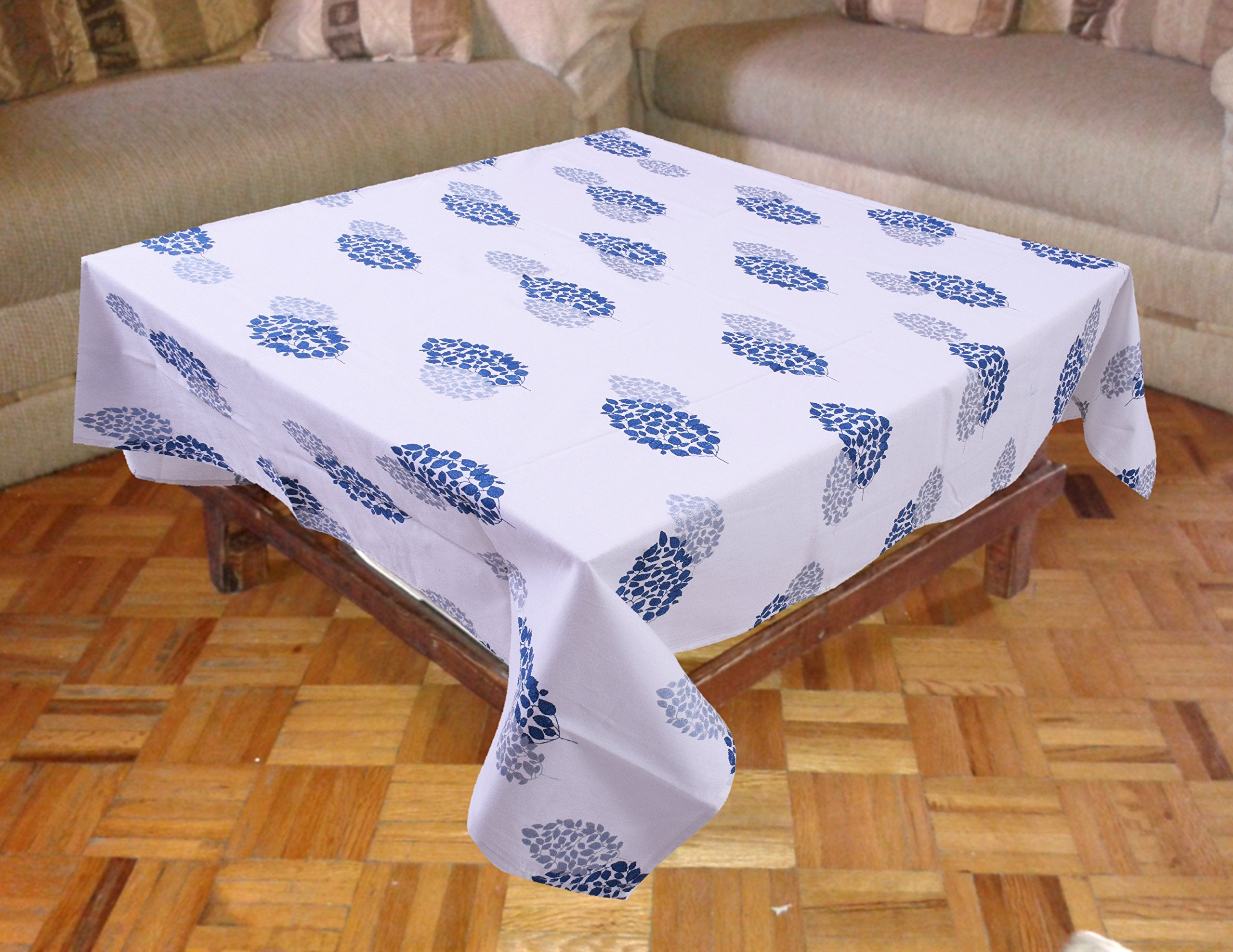 Miyanbazaz Textiles Dinning Table Cover for 4 Seater quare Tablecloth Silver&Blue Leaf Print Design (60 X 60)