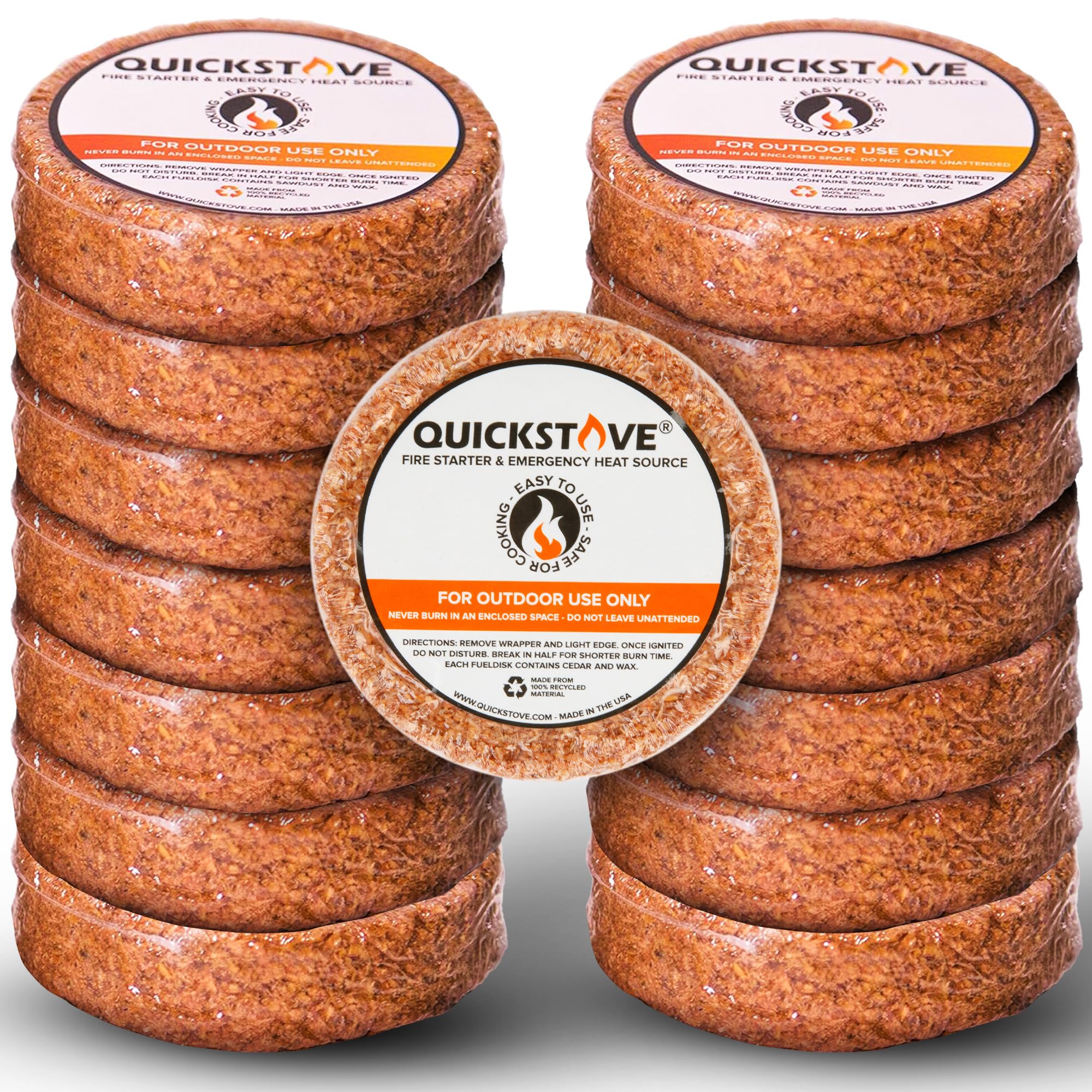 QuickStove Fire Starters (20 Pack) - Waterproof Emergency Fuel Disks for Camping Essentials, Wood Stove, Fireplace, Grill, Fire 