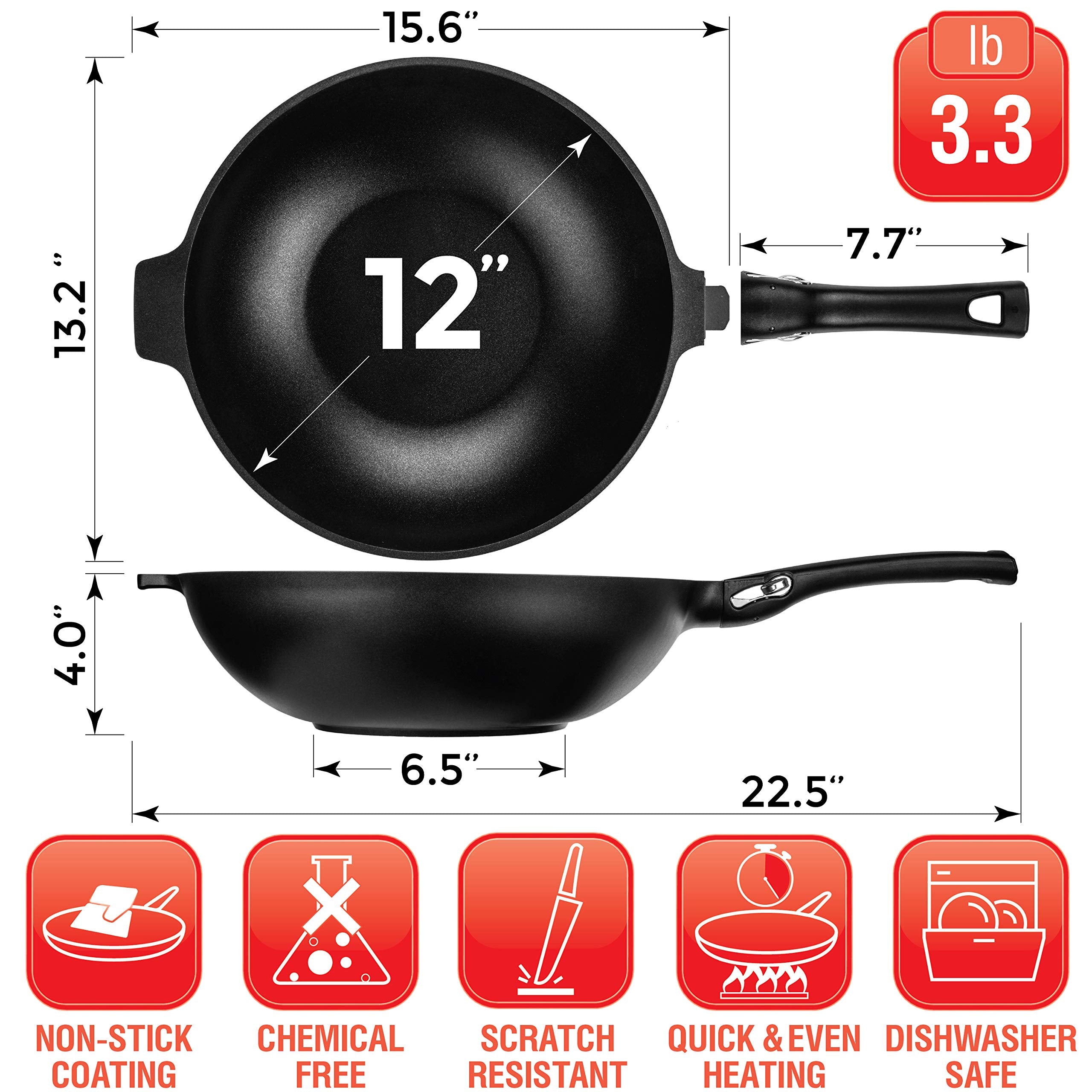 Dokaworld Aluminum Nonstick 12 Inch Wok - Induction Compatible - Lightweight