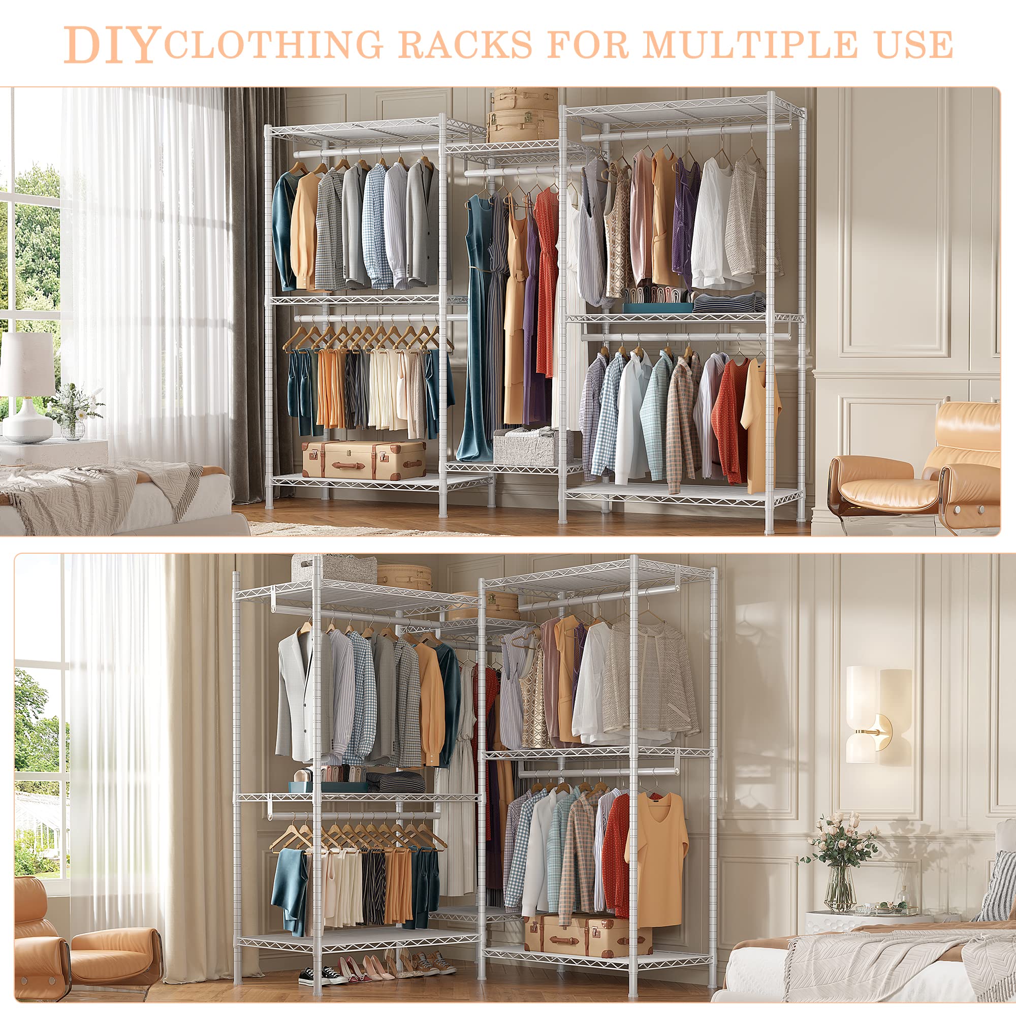 Raybee 77'' White Clothing Rack, Heavy Duty Clothes Racks For Hanging Clothes Load 835Lbs, Metal Clothing Rack Heavy Duty Garmen