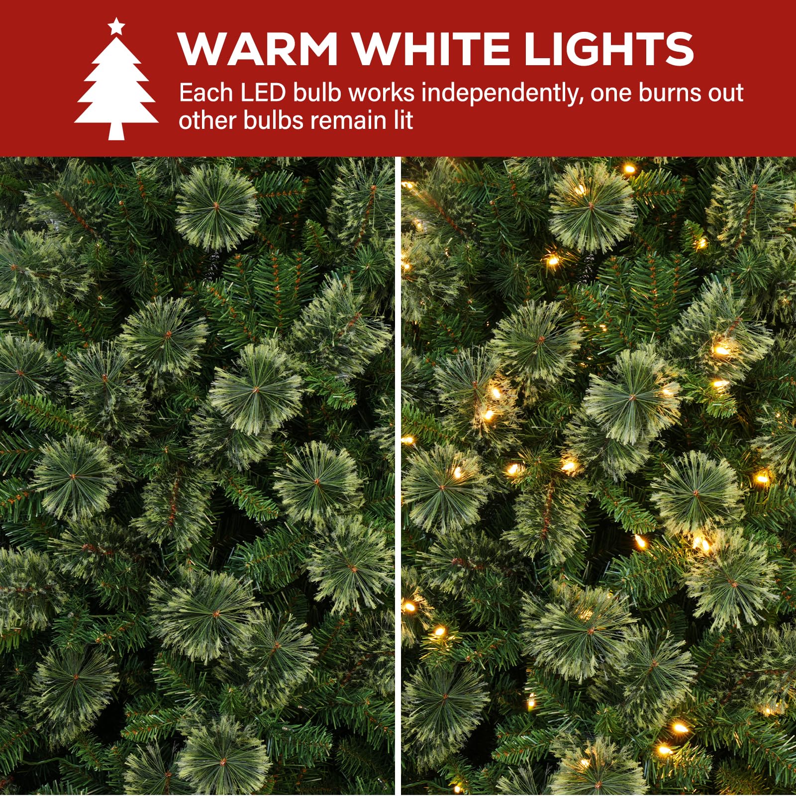 Hykolity 7.5 ft Prelit Christmas Pine Tree, Artificial Christmas Tree with 450 Warm White Lights, 1580 PVC Branch Tips, Metal St