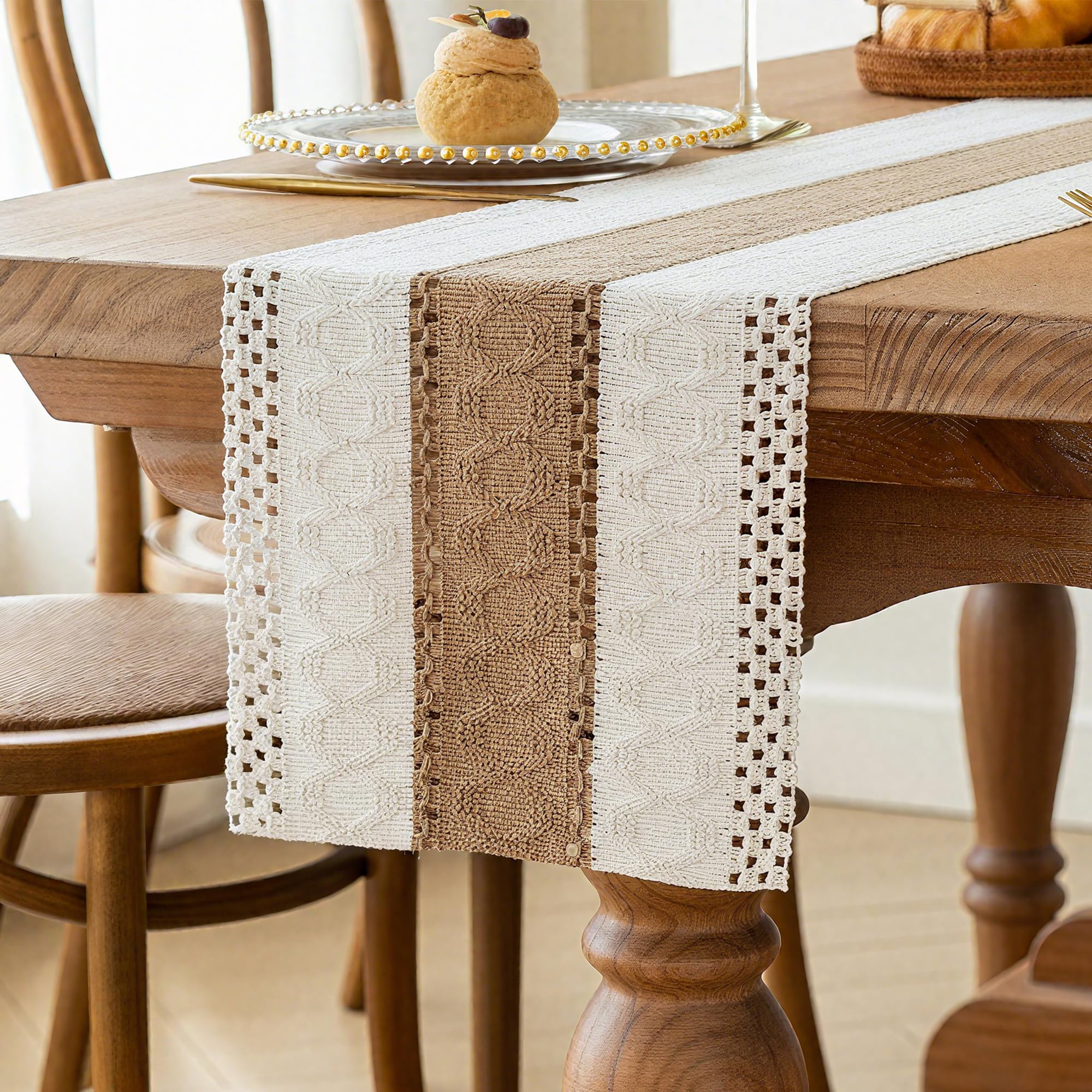 FEXIA Boho Table Runner for Home Decor with Out Tassels 90 Inches Long Farmhouse Rustic Table Runner Macrame Burlap Table Decora