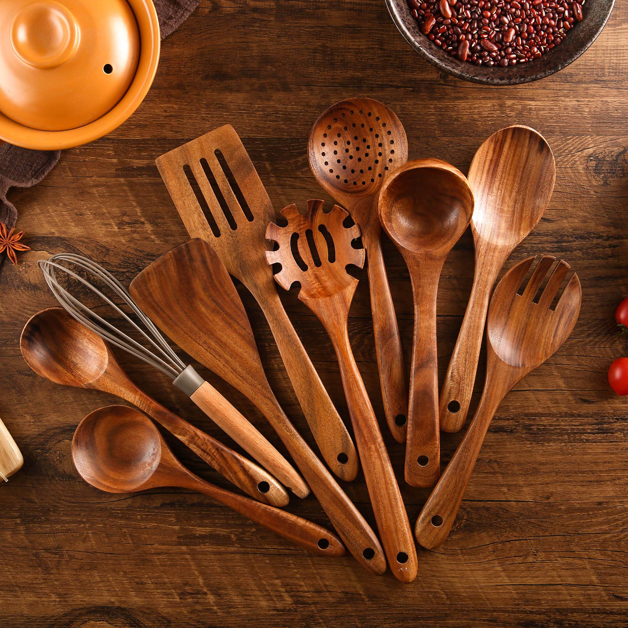 Wooden Spoons For Cooking, 10 Pcs Wooden Utensils For Cooking, Nayahose Natural Teak Wood Spoons, Non-Stick Comfort Grip Kitchen