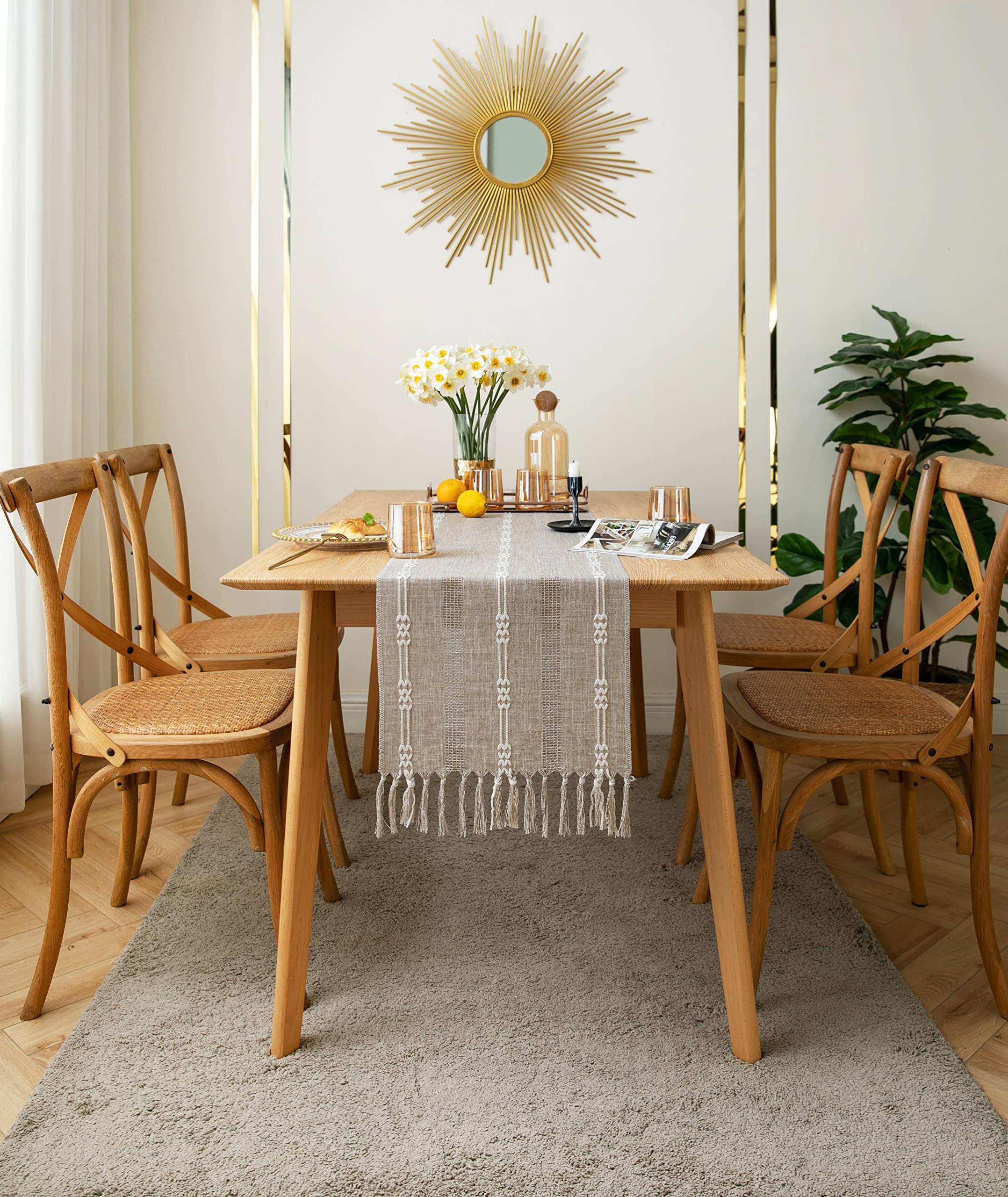 Zeemart Farmhouse Table Runner, Rustic Table Runners 48 Inches Long, Linen Boho Table Runner, Braided Striped Coffee Table Runne