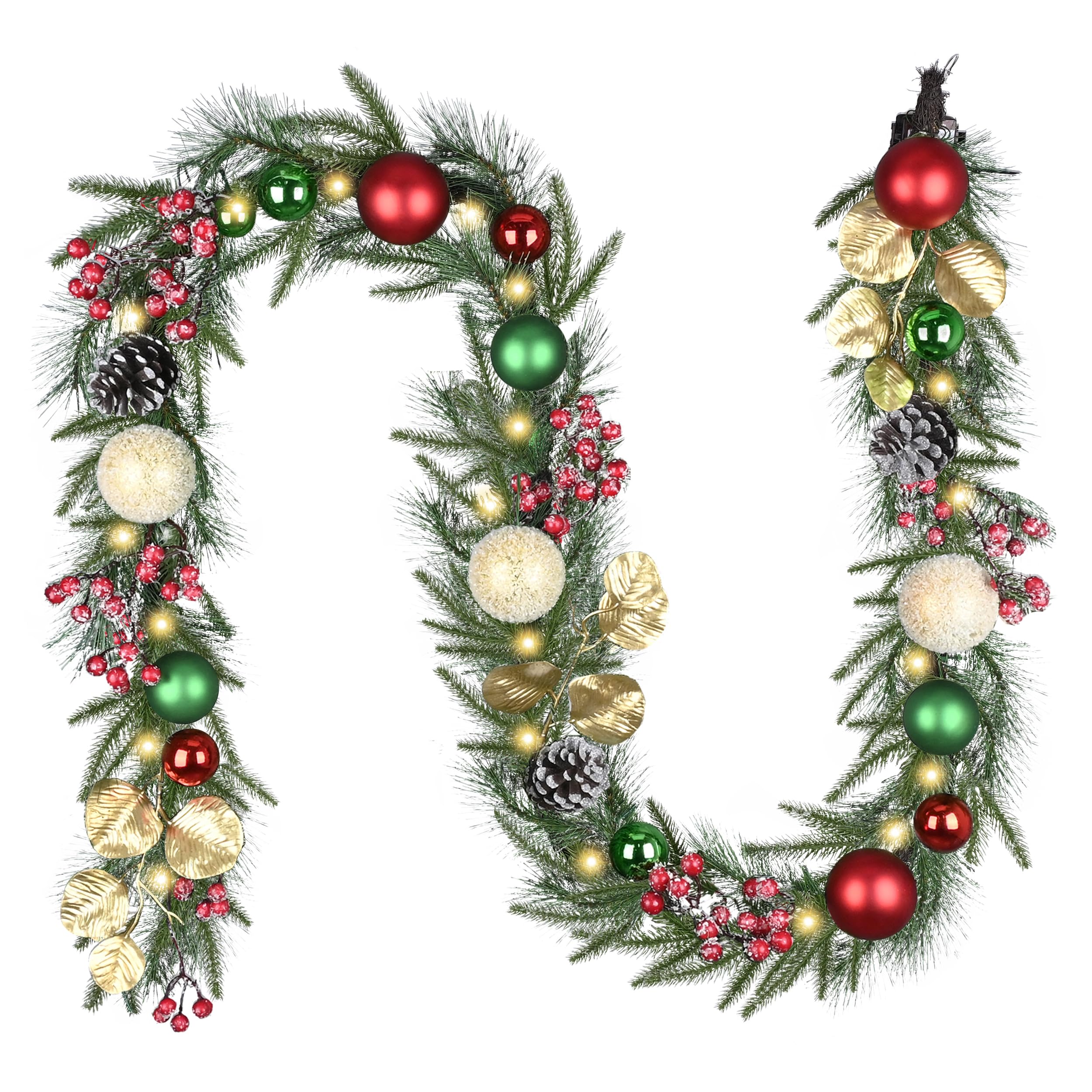 Valery Madelyn 9 Ft Pre-Lit Christmas Garland with Light for Mantle, Lighted Outdoor Xmas Garland with Red Green Gold Ball Norfo