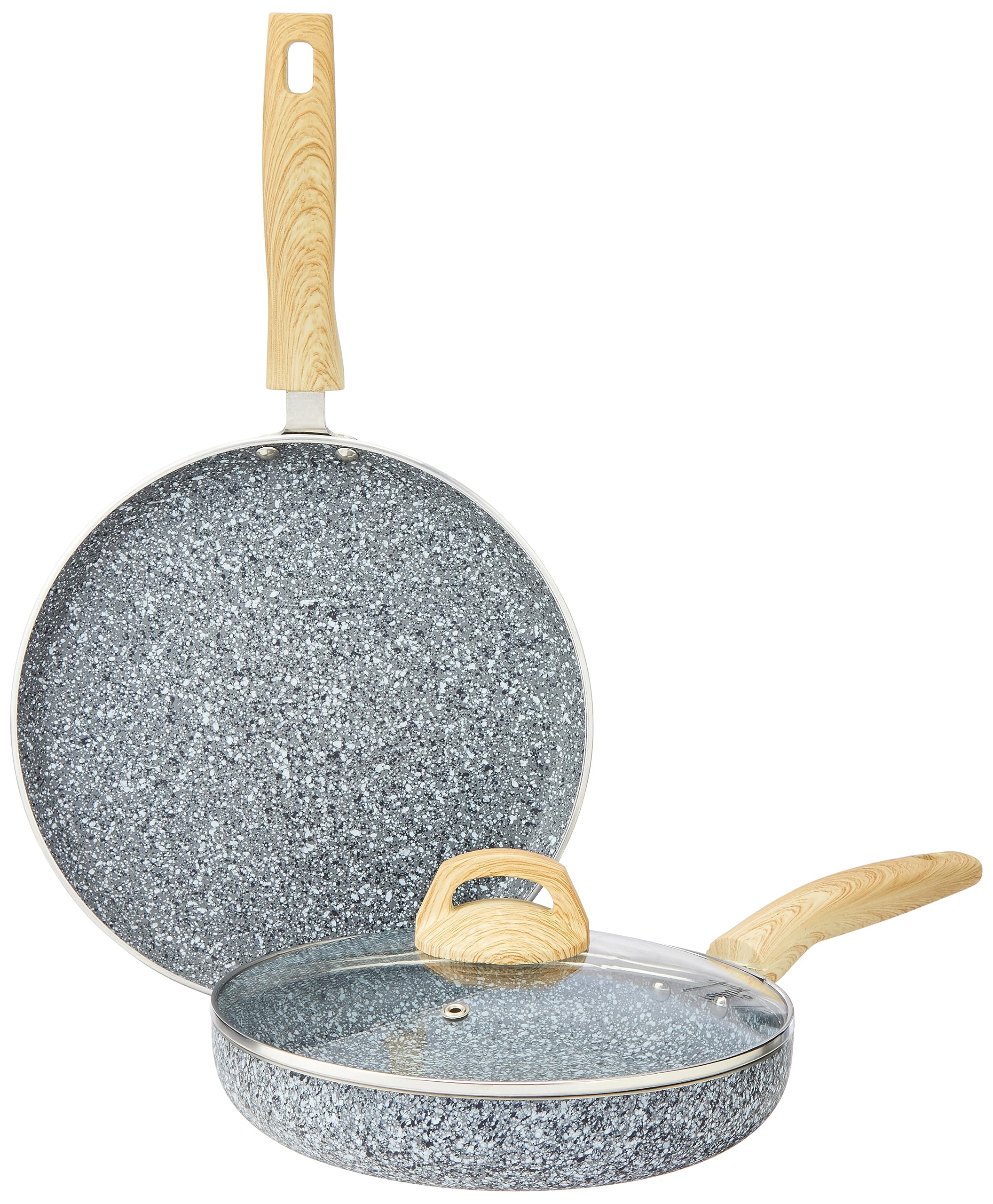 Amazon Basics Granite Finish Non Stick 2 Pcs Induction Base Cookware Set-Granito Grey (24Cm Fry Pan, 28Cm Tawa)