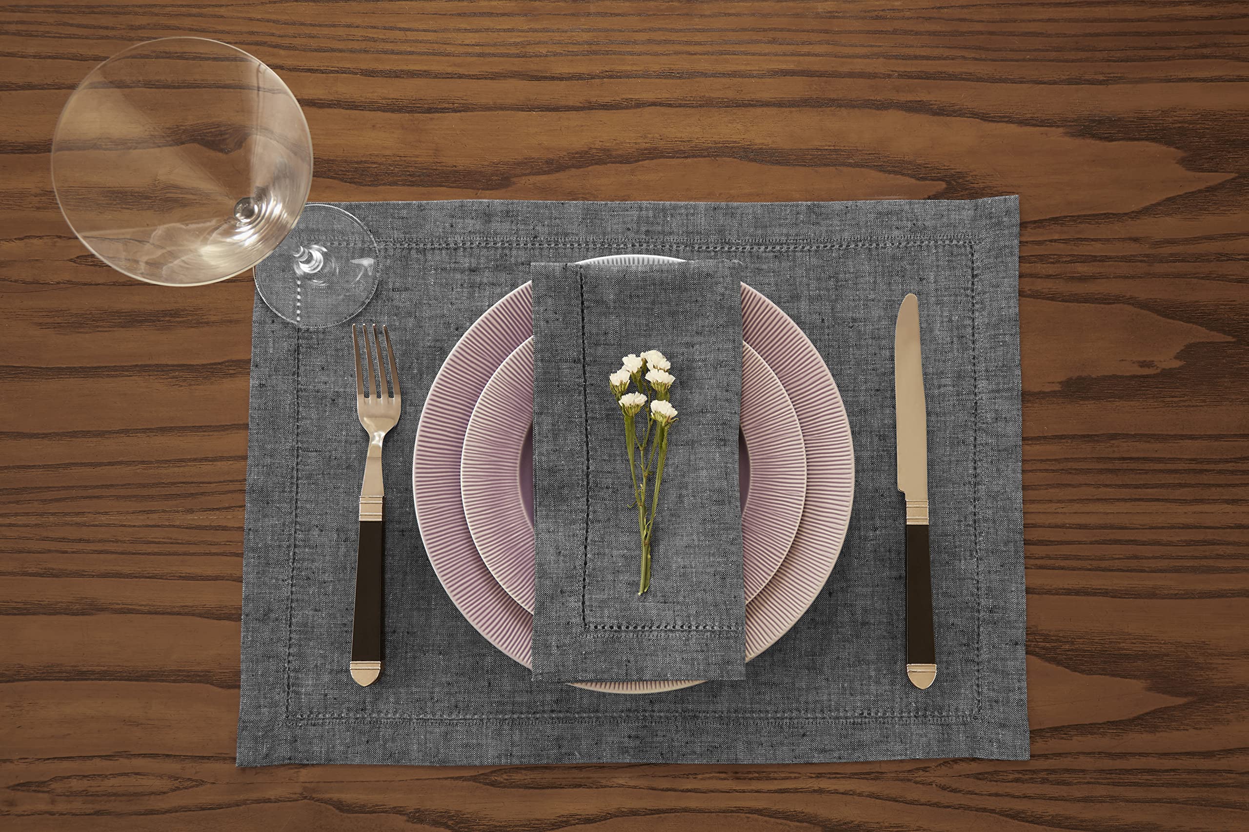 Solino Home Linen Placemats 14 x 19 Inch - Charcoal Grey  100% Pure Linen Hemstitch Placemats Set of 4 - Milan Machine Washable Tablemats for Spring  Summer - Handcrafted from European Flax