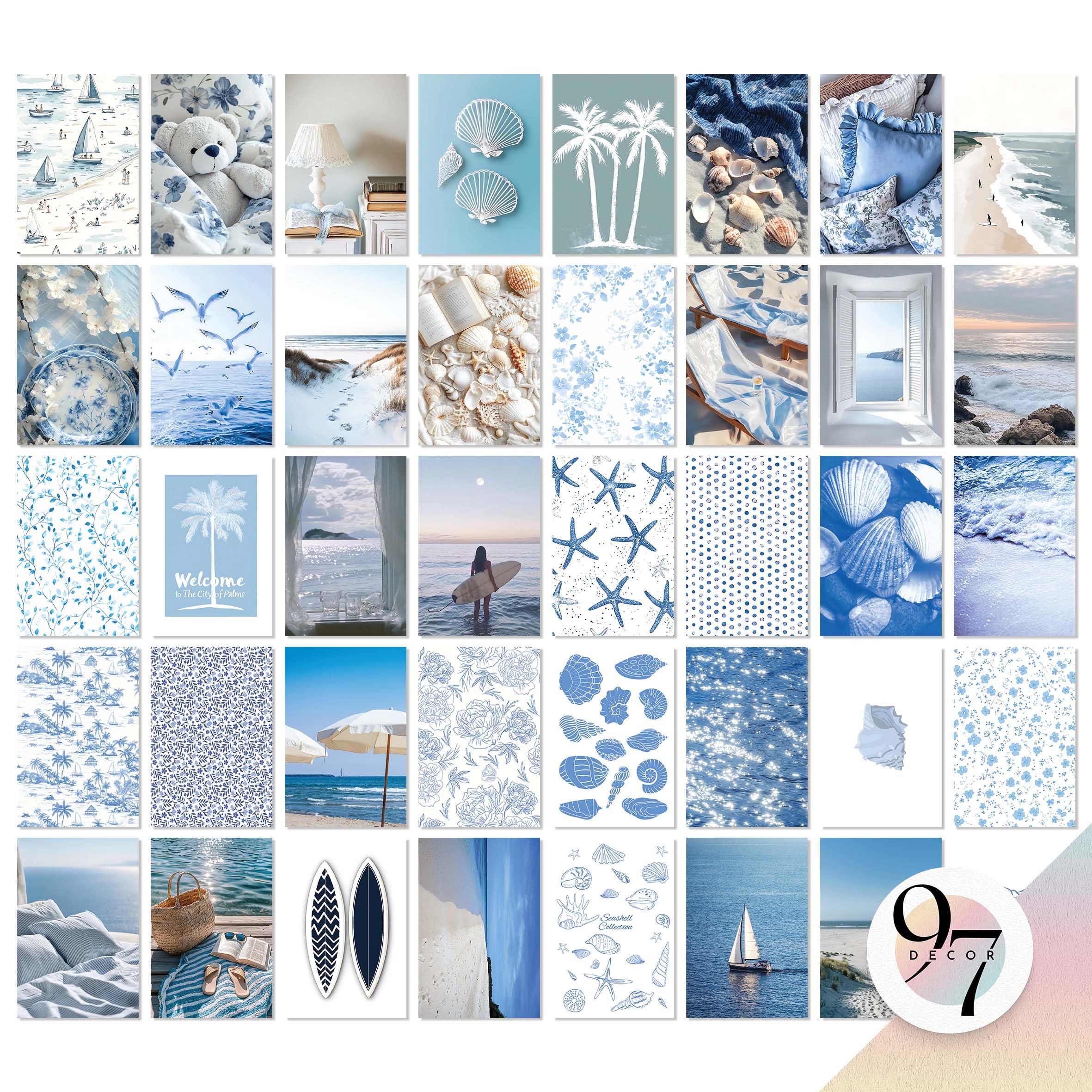97 Decor Coastal Wall Art Decor - 40 Pcs Blue Coastal Posters For Room Aesthetic, Beachy Collage Ocean Art Prints, Coastal Cowgi