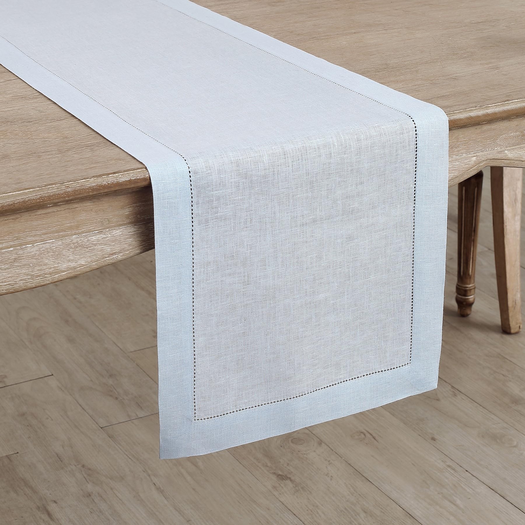 Solino Home Linen Light Blue Table Runner 144 Inches Long - 100% Pure Linen Classic Hemstitch Dining Table Runner 14 X 144 Inch