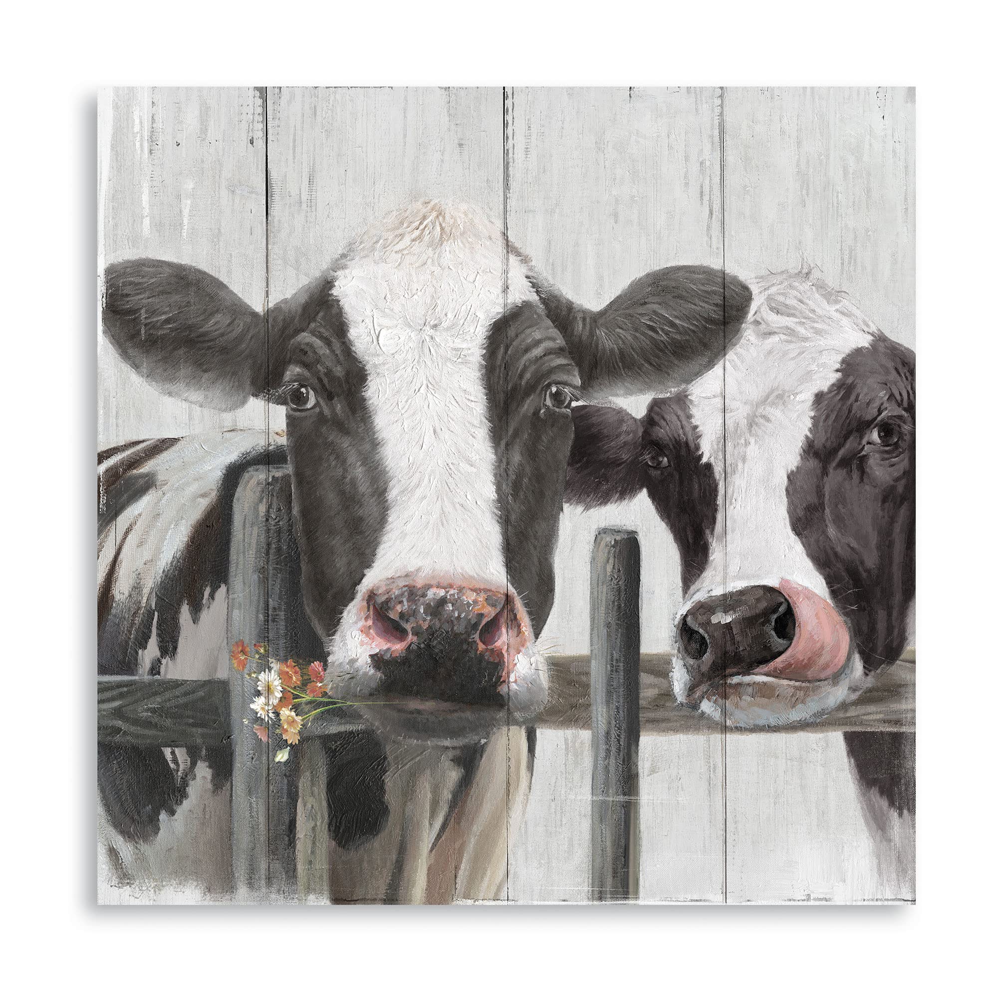 Couple Cow Pictures Wall Decor, Love Themed Canvas Wall Art Print, Curious Cow Painting Poster, Funny Farm Animal Mural For Bedr