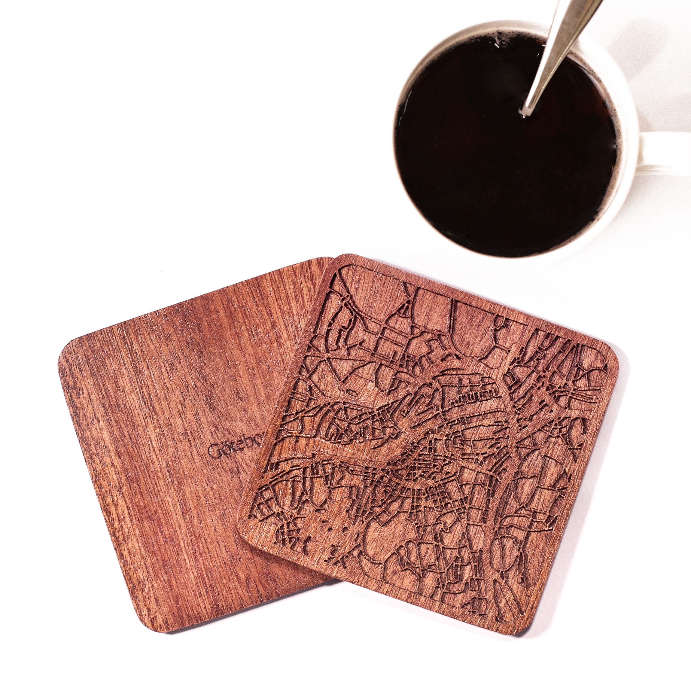 Gothenburg Map Coaster by O3 Design Studio  Set Of 4  Sapele Wooden Coaster With City Map  Handmade