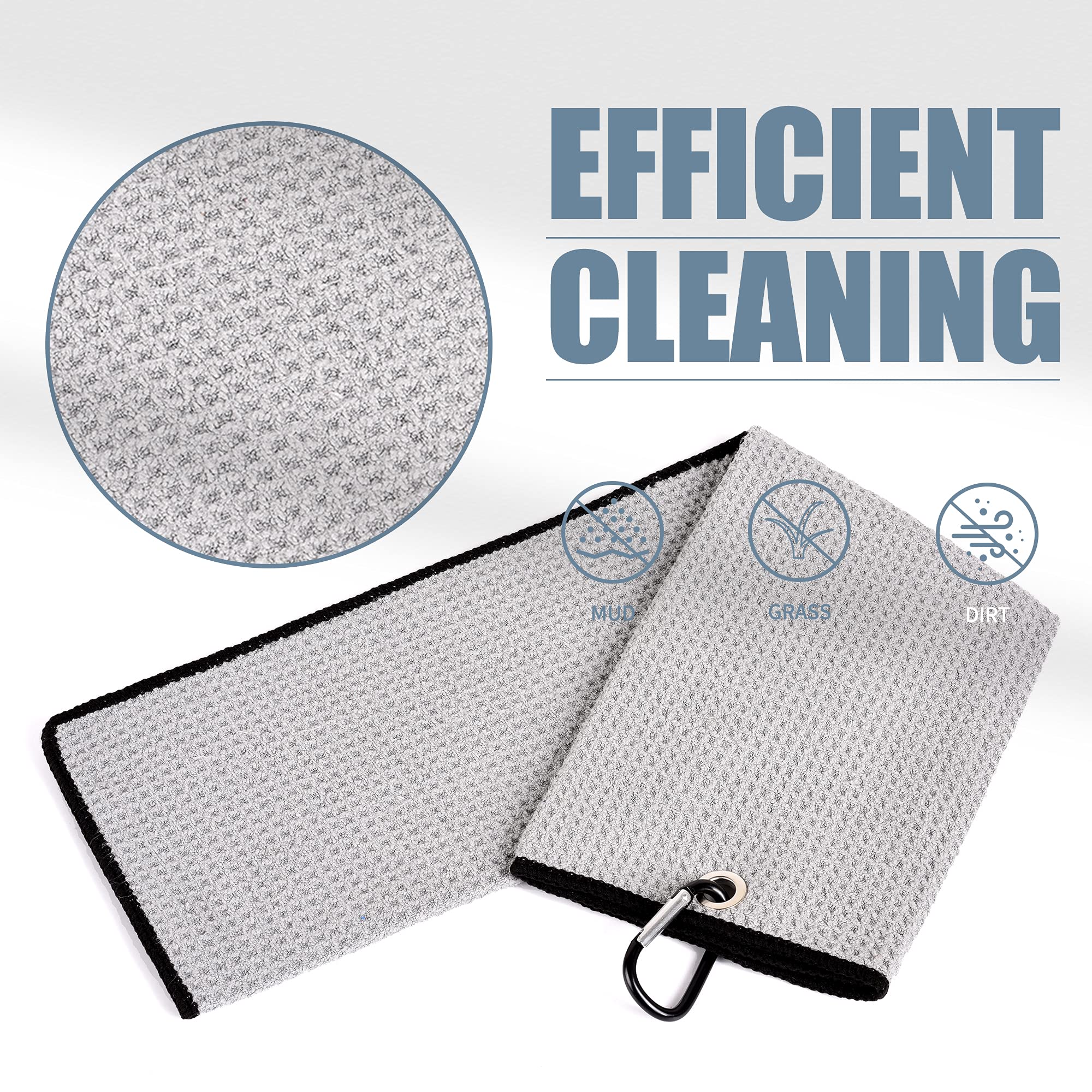 Mile High Life 2 Pack Gray Microfiber Tri-Fold Golf Towels With Carabiner Clip, 16X21In, Water Absorbent, Easy To Wash And Carry